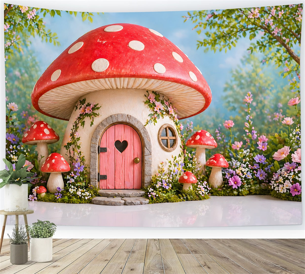 Toile de fond pour enfant avec maison champignon enchantée et jardin fleuri CEM65-19