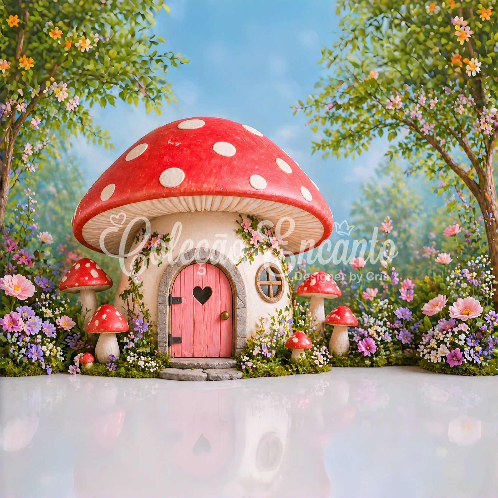 Toile de fond pour enfant avec maison champignon enchantée et jardin fleuri CEM65-19