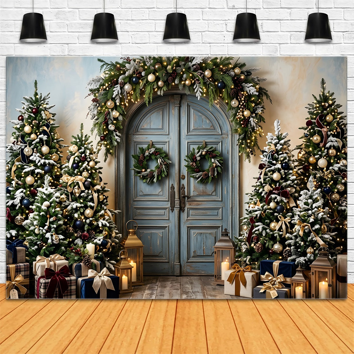 Toile de fond photo de Noël avec porte bleue rétro et sapins givrés CEM65-192