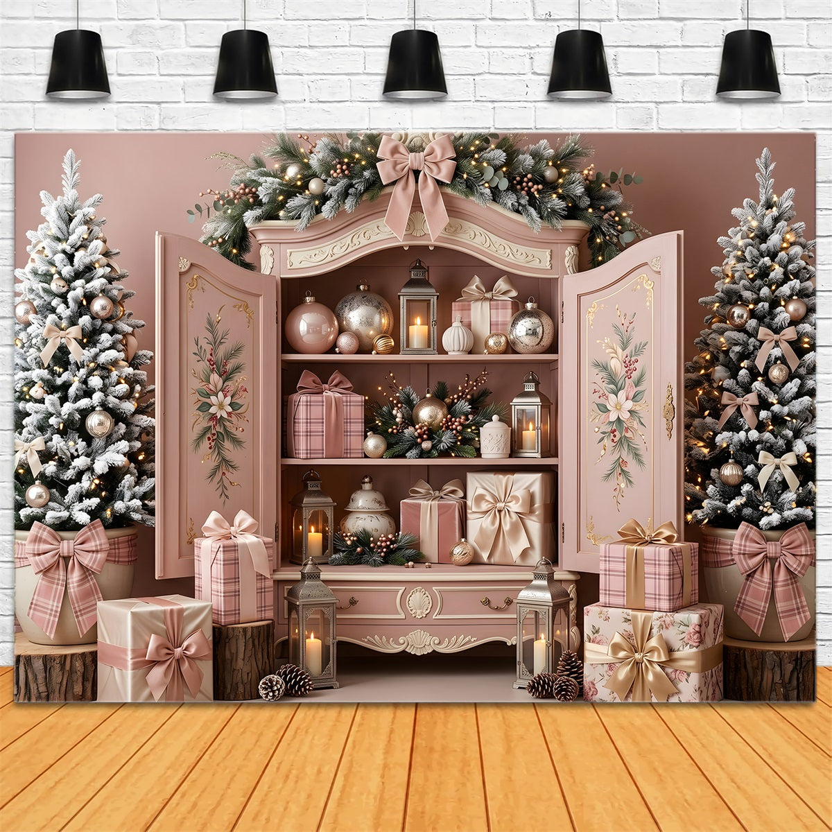 Toile de fond rose de Noël avec armoire pastel et ornements CEM65-195