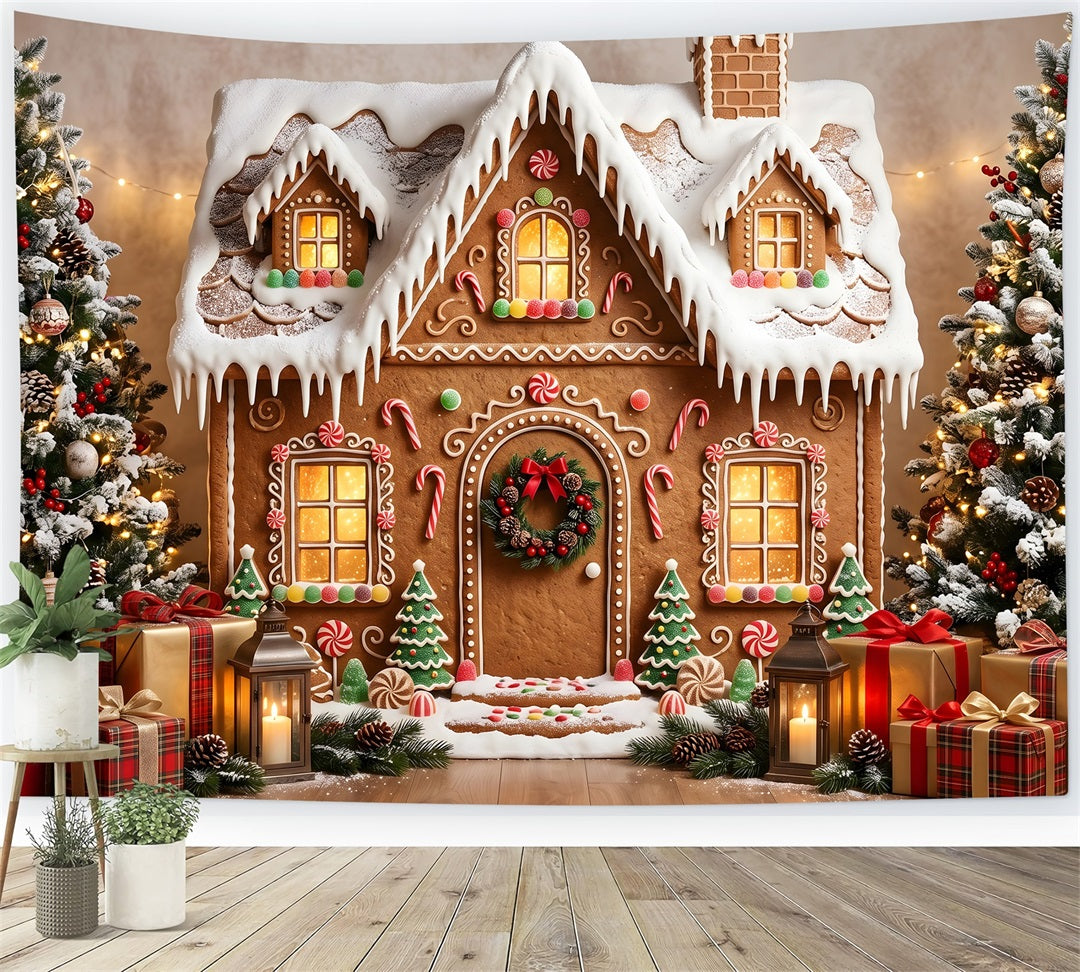 Toile de fond de Noël en pain d’épices avec maison enneigée et cadeaux CEM65-198