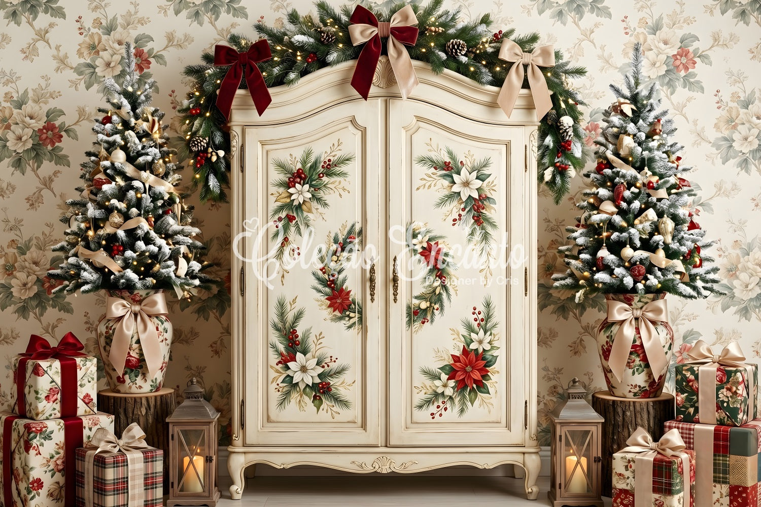 Toile de fond de Noël rétro avec armoire fleurie et sapin CEM65-199