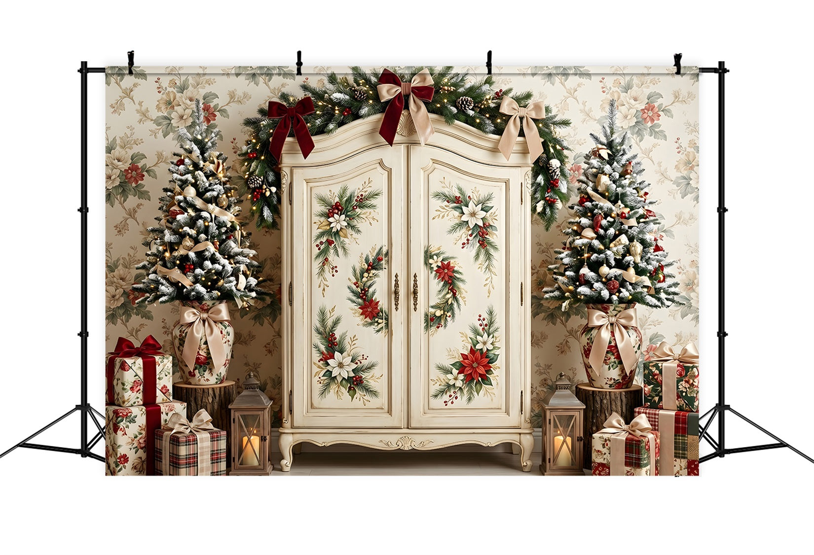 Toile de fond de Noël rétro avec armoire fleurie et sapin CEM65-199