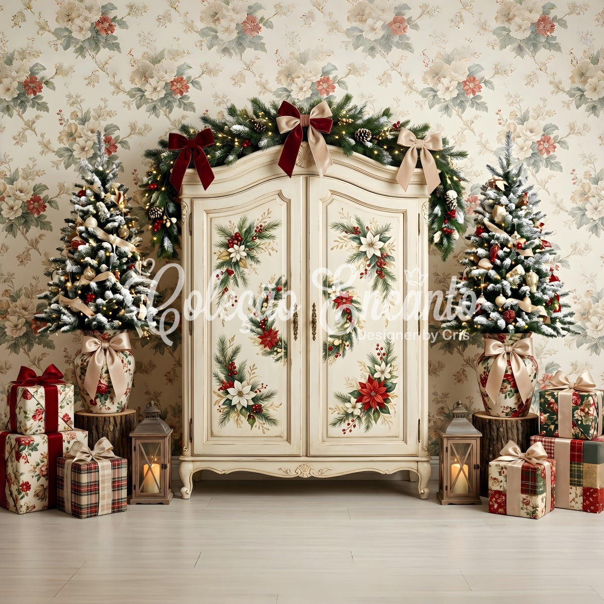 Toile de fond de Noël rétro avec armoire fleurie et sapin CEM65-199