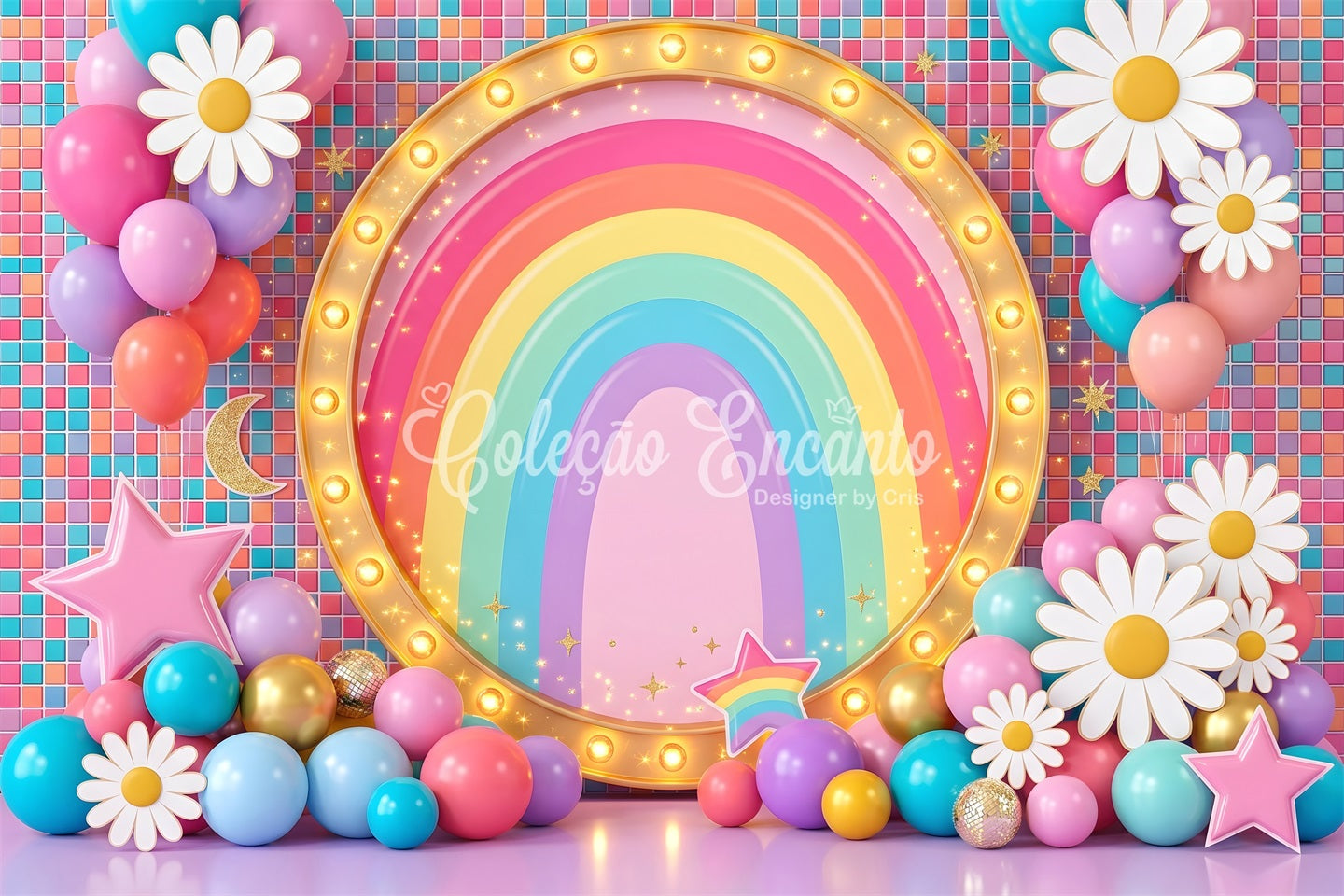 Toile de fond pour enfant et nouveau-né avec arc-en-ciel lumineux marguerites et ballons CEM65-20