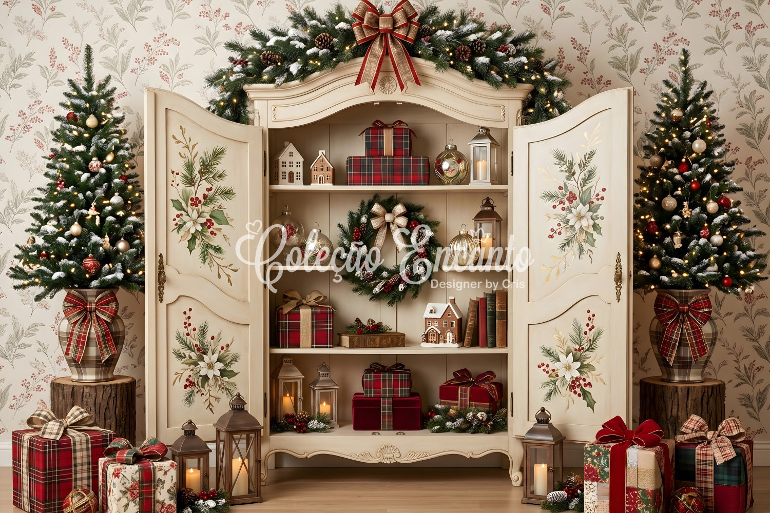 Toile de fond de Noël avec armoire fleurie ouverte et cadeaux CEM65-200