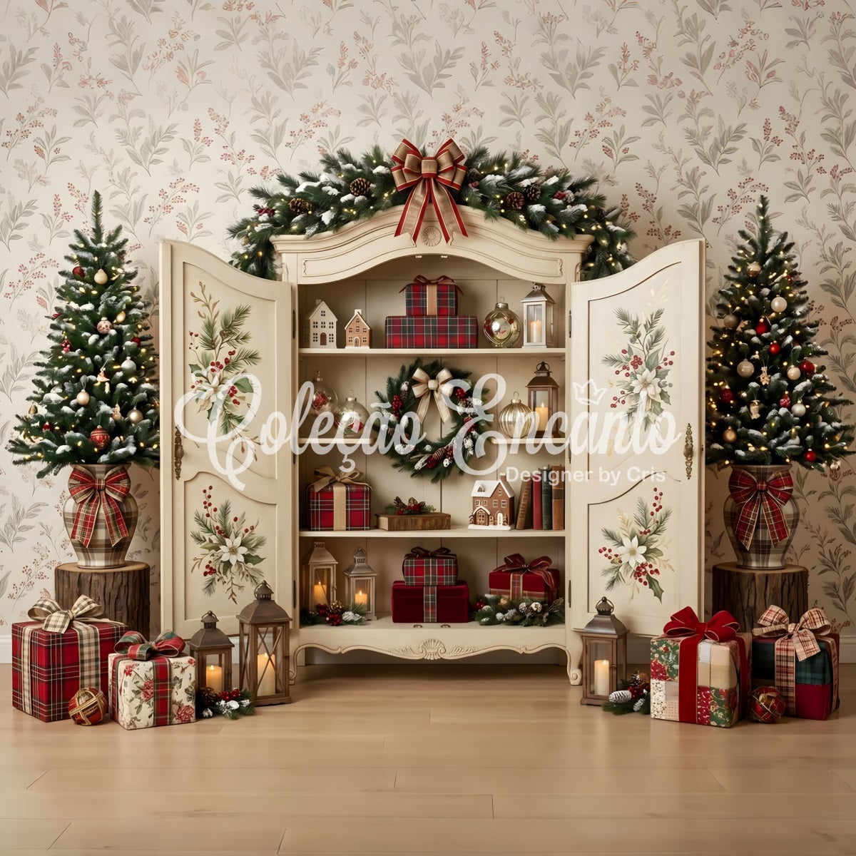 Toile de fond de Noël avec armoire fleurie ouverte et cadeaux CEM65-200