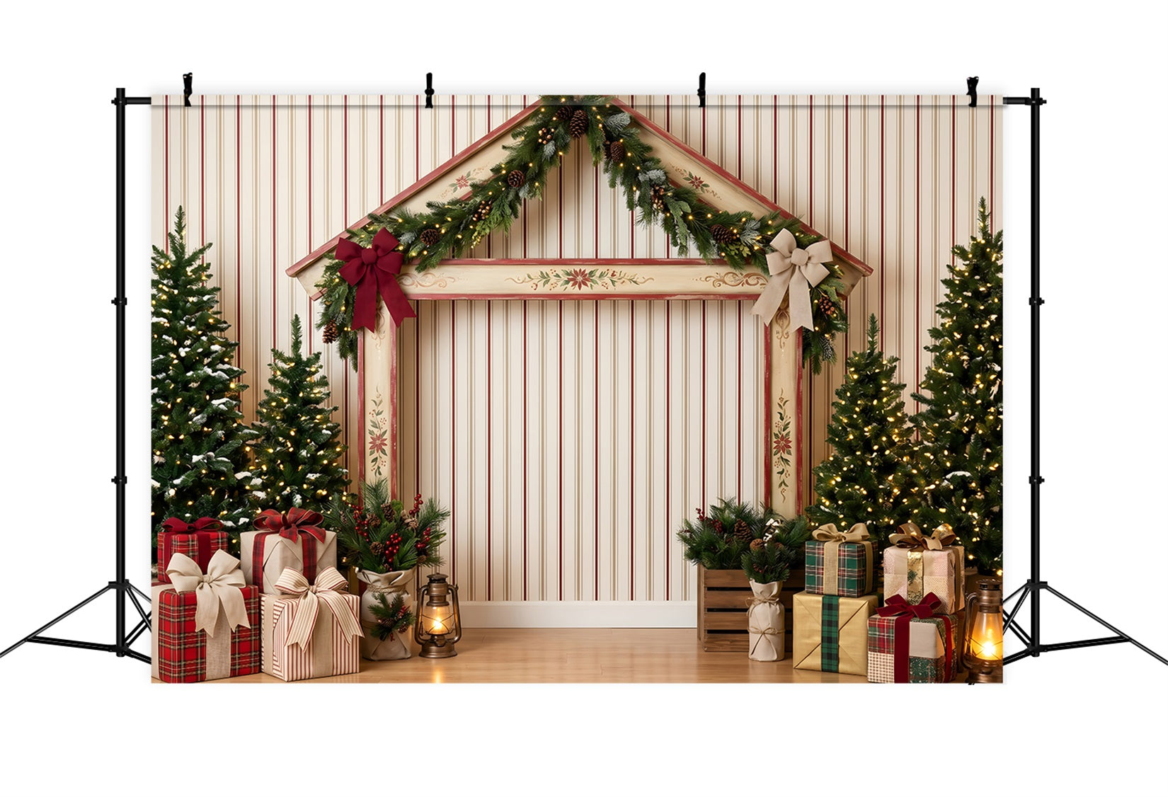 Toile de fond murale de Noël avec étal de marché rayé et décor festif CEM65-201