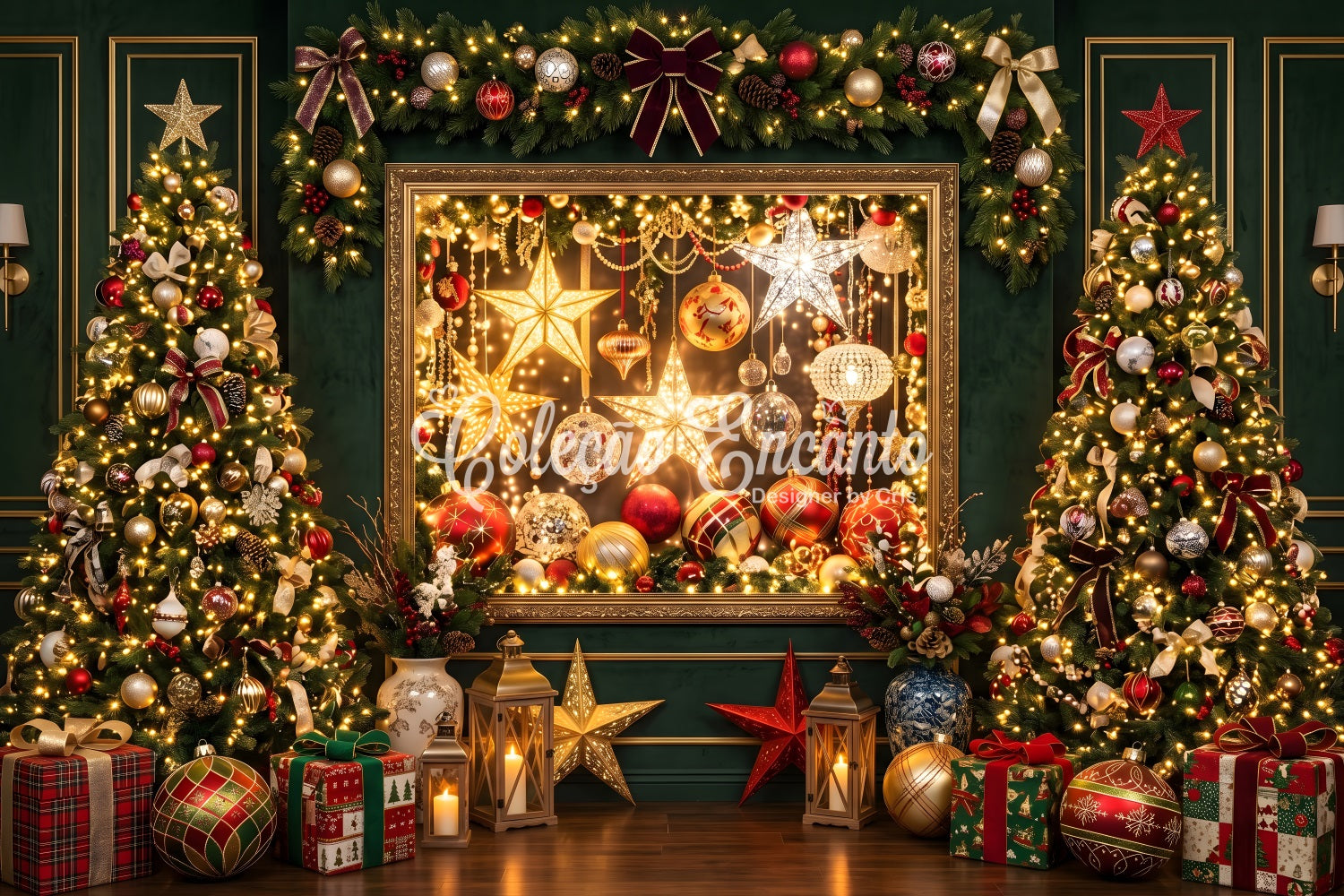 Toile de fond lumineuse de Noël avec galerie d’ornements émeraude et sapin CEM65-202