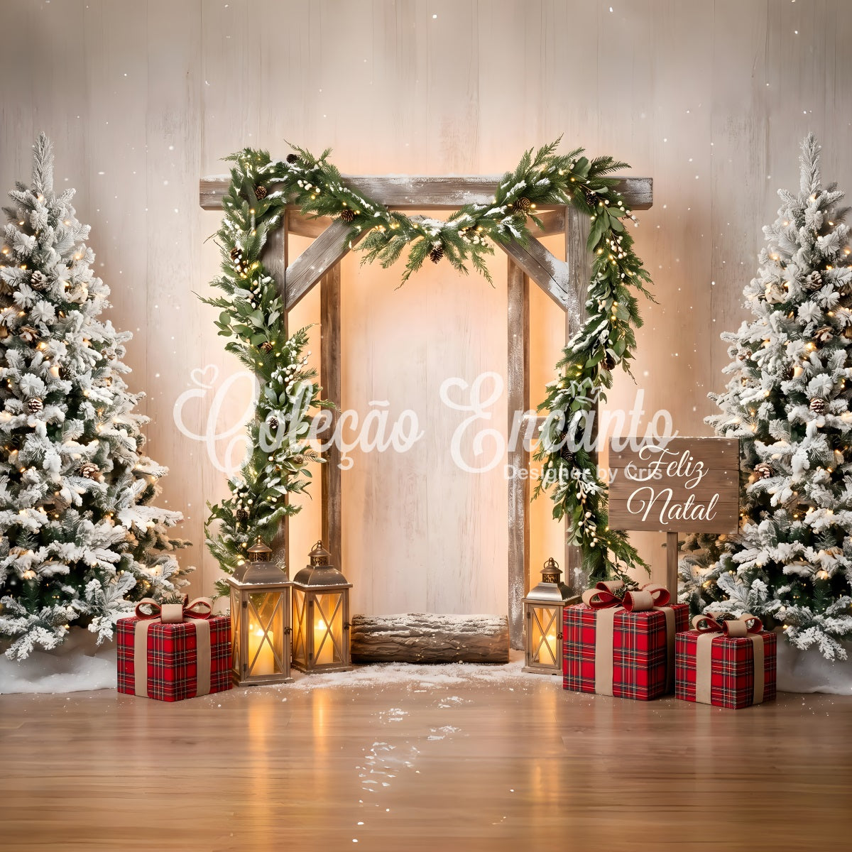 Toile de fond simple de Noël avec arche en bois givrée et lanterne CEM65-203