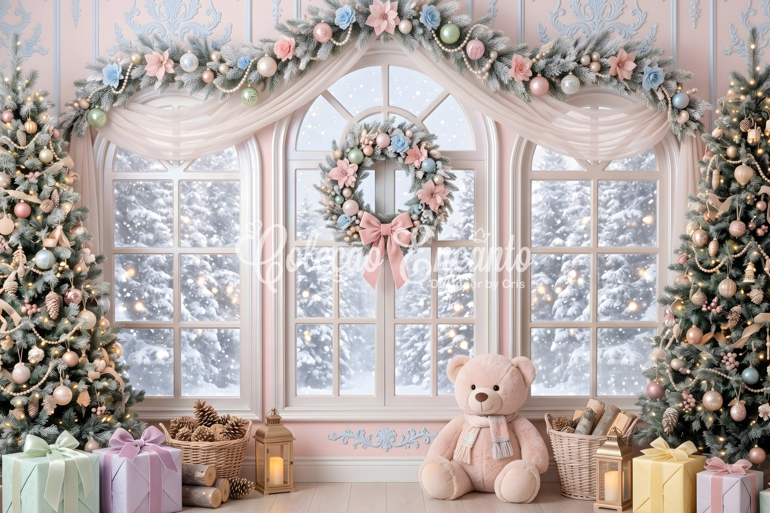 Toile de fond rose de Noël avec fenêtre fleurie pastel et ours en peluche CEM65-204