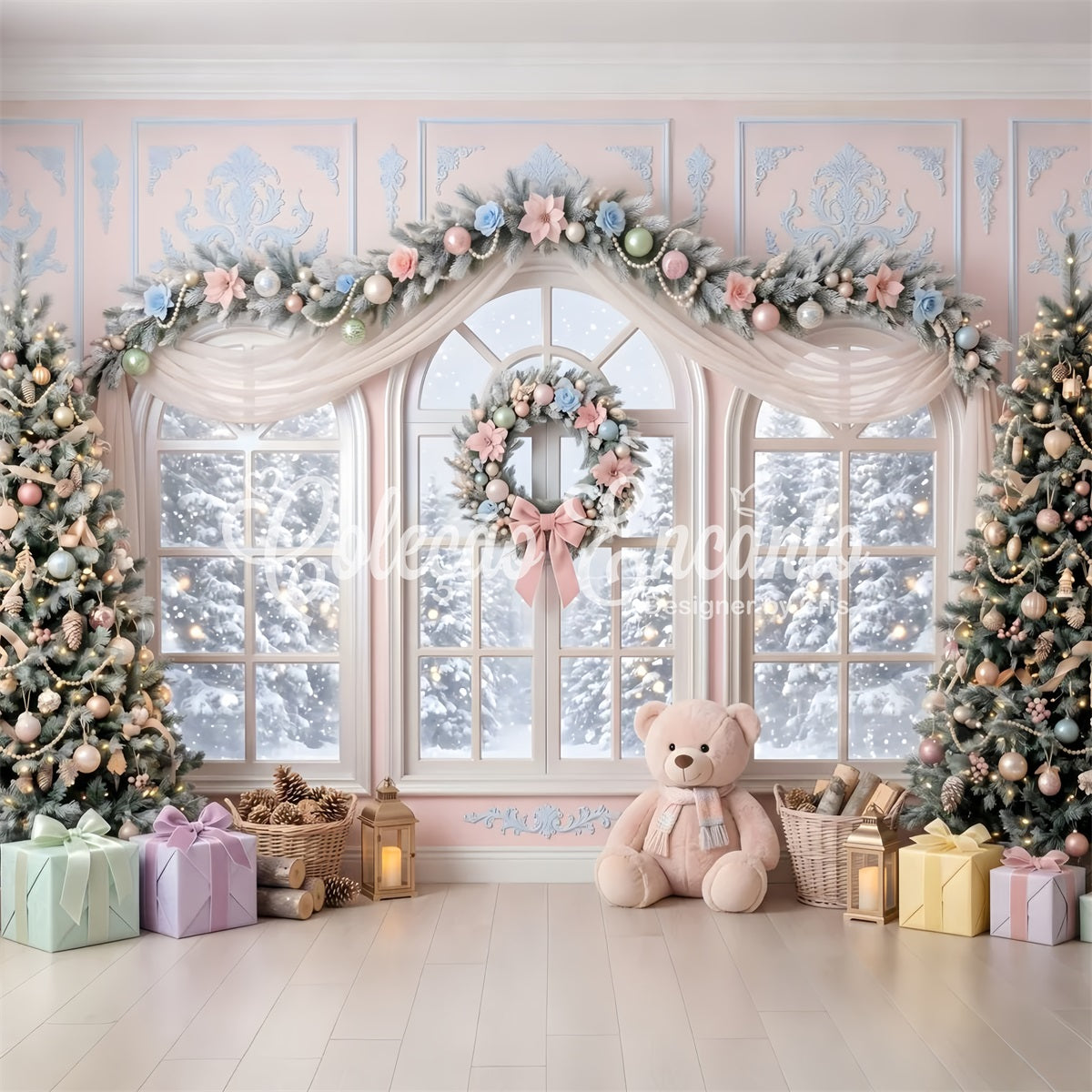 Toile de fond rose de Noël avec fenêtre fleurie pastel et ours en peluche CEM65-204