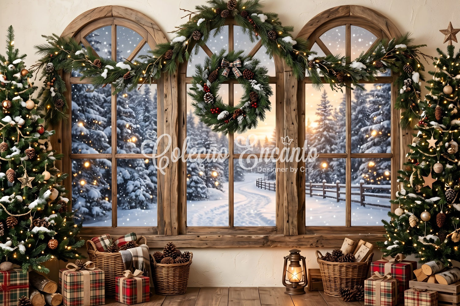 Toile de fond rustique de Noël avec fenêtre enneigée couronne et décor photo CEM65-207