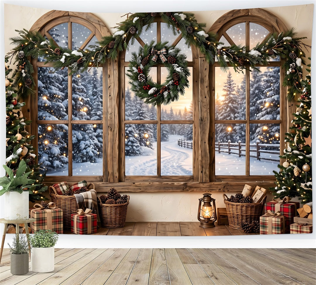Toile de fond rustique de Noël avec fenêtre enneigée couronne et décor photo CEM65-207