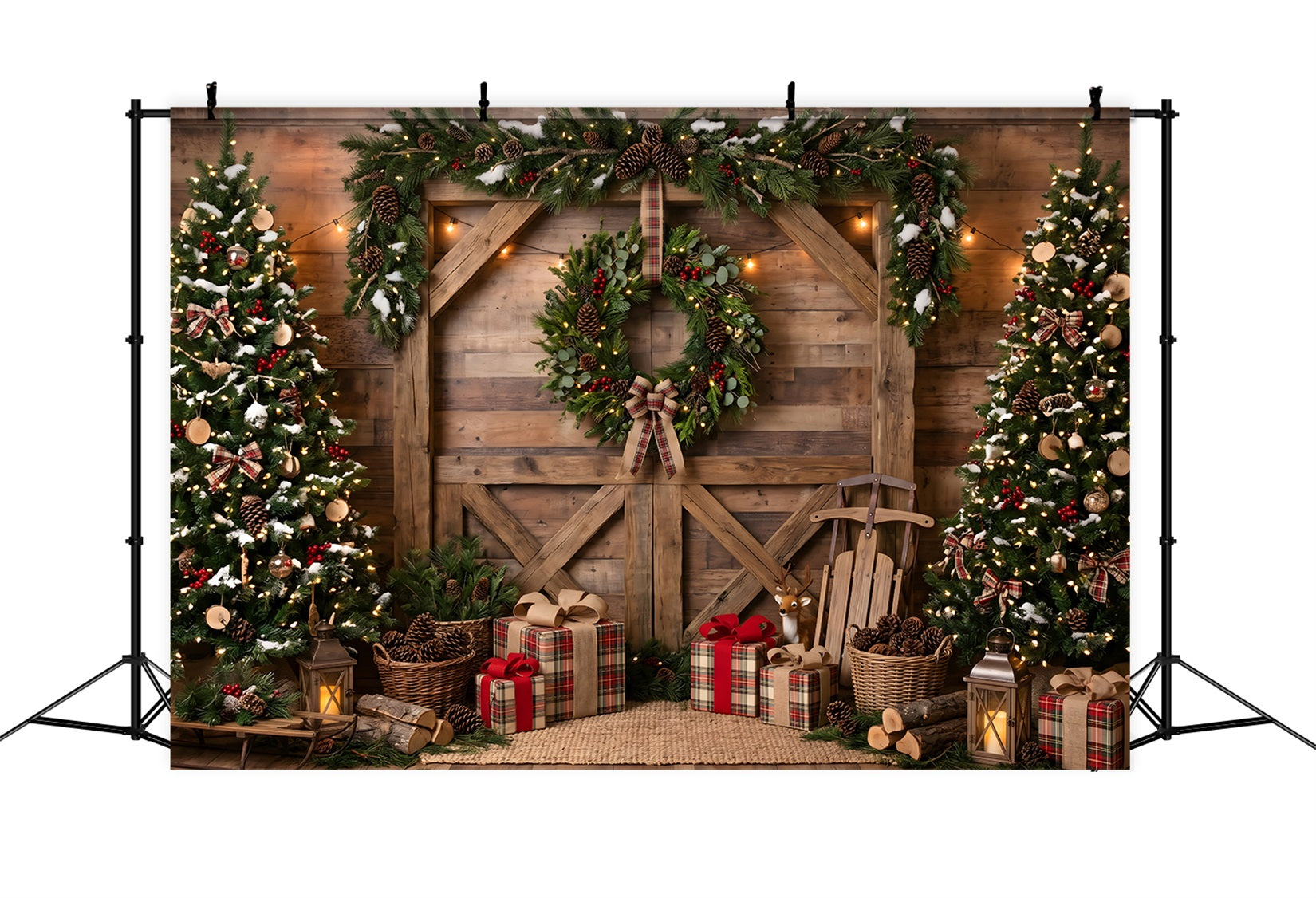 Toile de fond de Noël avec grange rustique couronne et luge pour séance photo CEM65-208