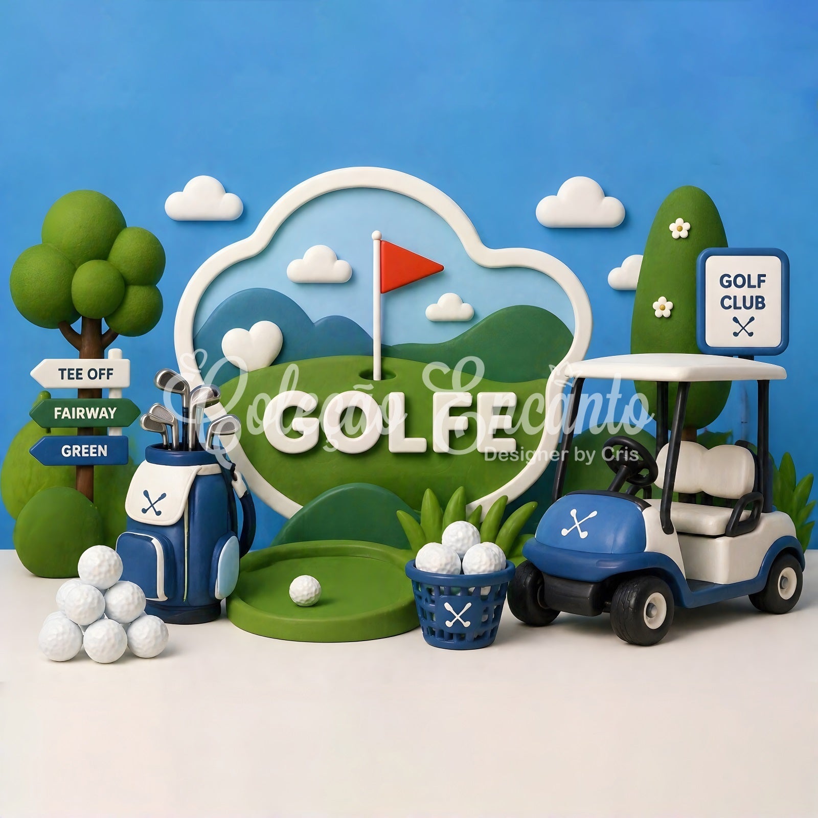 Toile de fond photo pour enfant avec parcours de golf voiturette et trophée CEM65-21