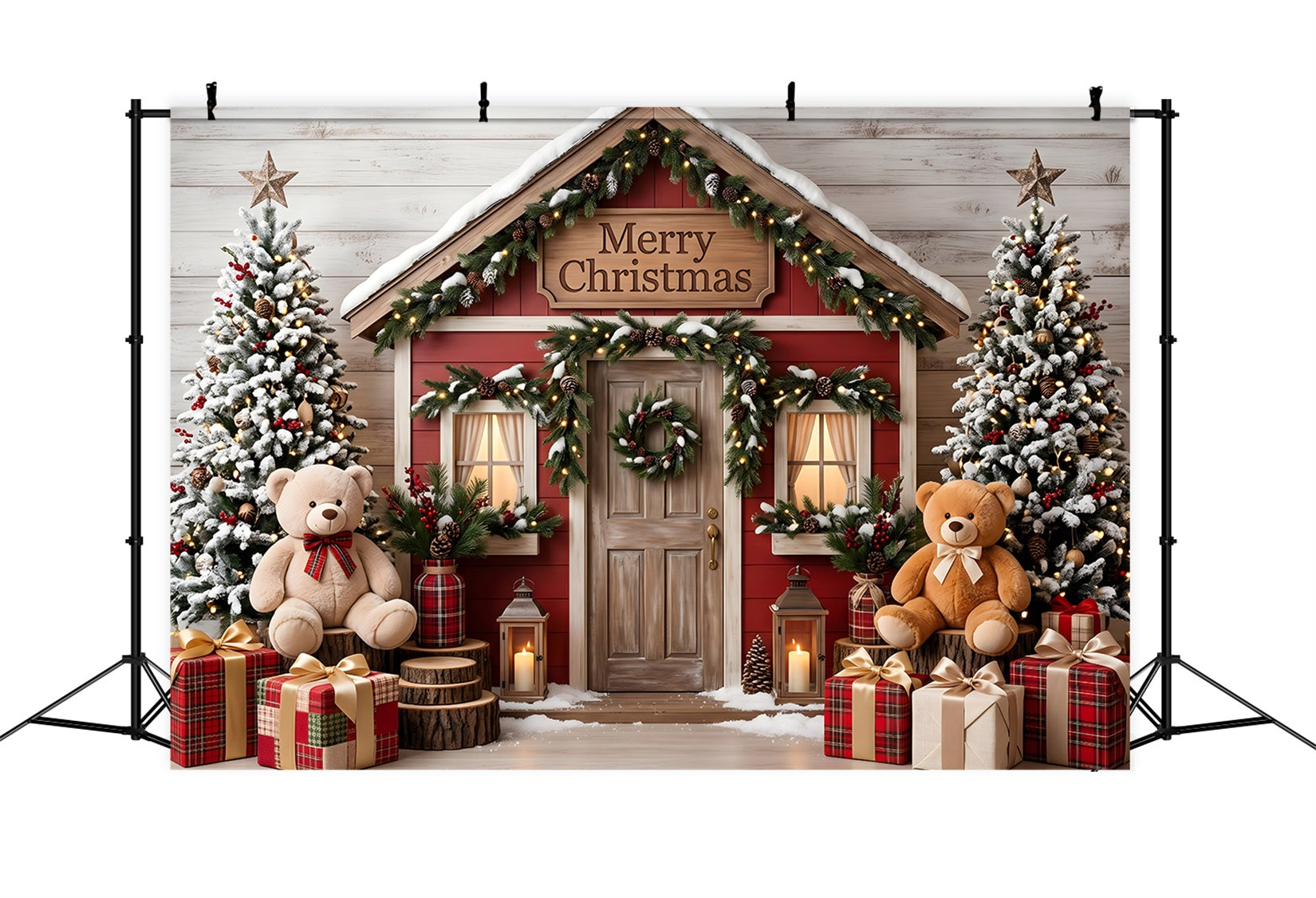 Toile de fond Joyeux Noël avec maison rouge enneigée et ours pour photomaton CEM65-210