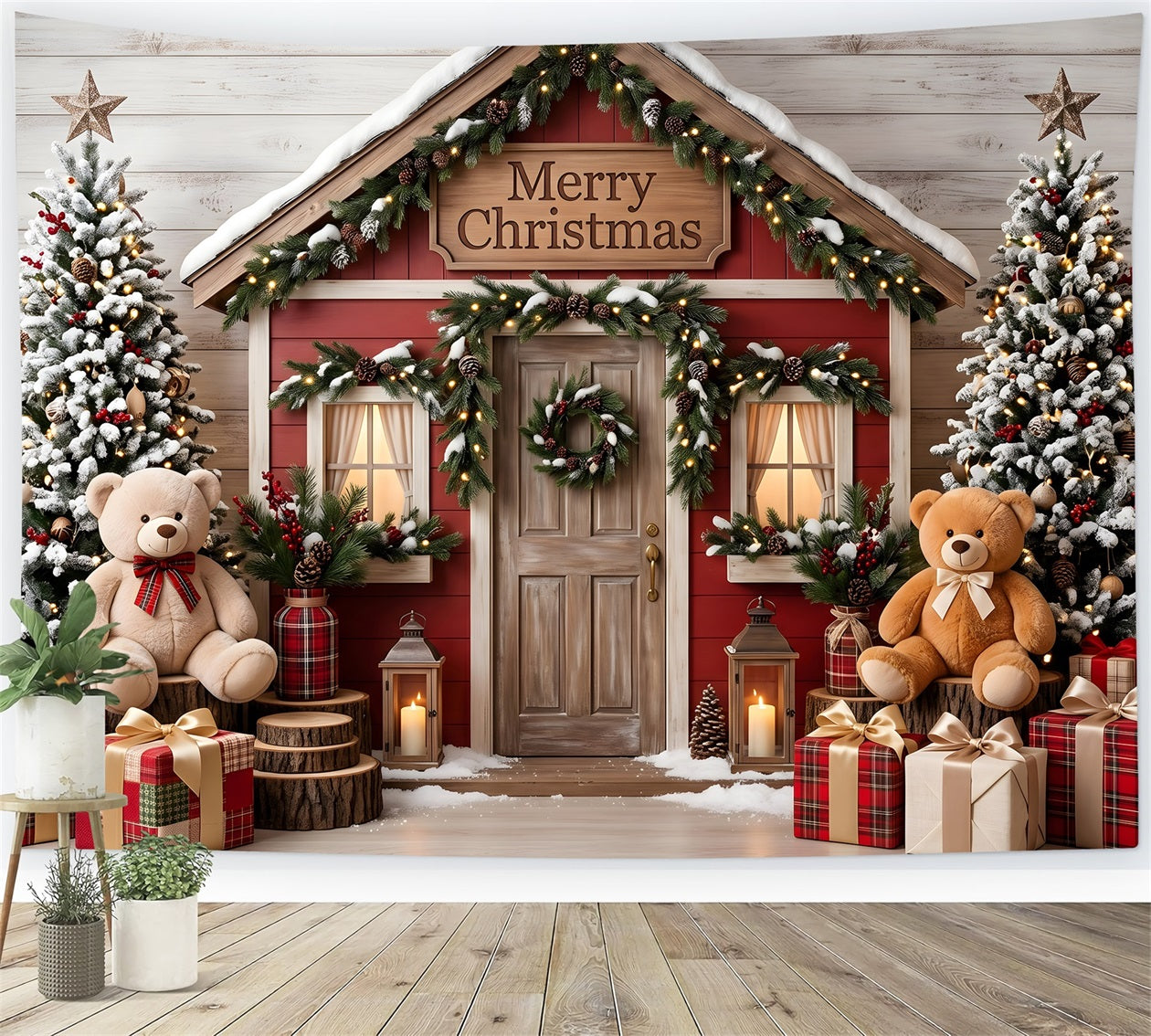 Toile de fond Joyeux Noël avec maison rouge enneigée et ours pour photomaton CEM65-210