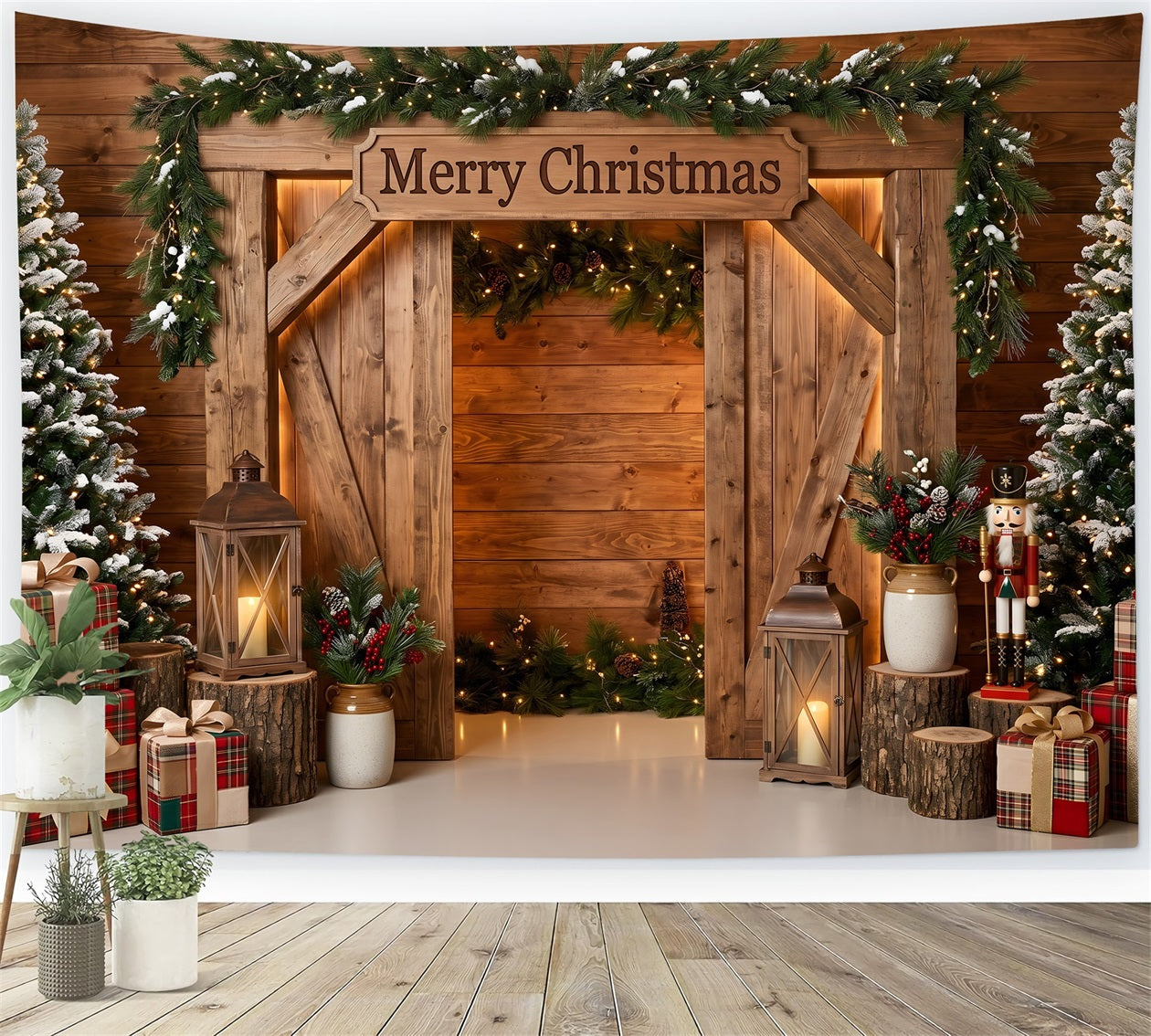 Toile de fond de Noël avec arche de grange rustique et Casse-Noisette pour séance photo CEM65-211