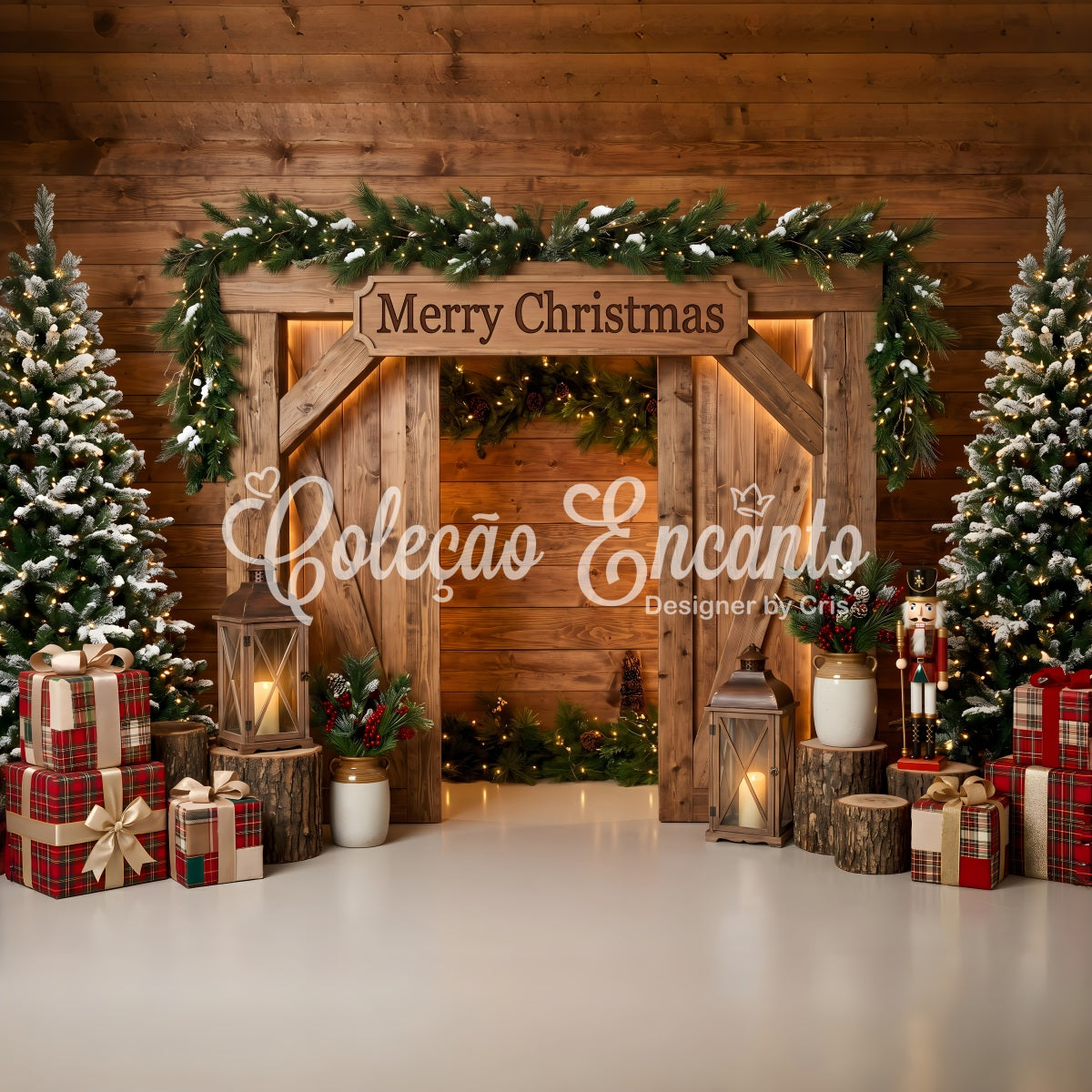 Toile de fond de Noël avec arche de grange rustique et Casse-Noisette pour séance photo CEM65-211
