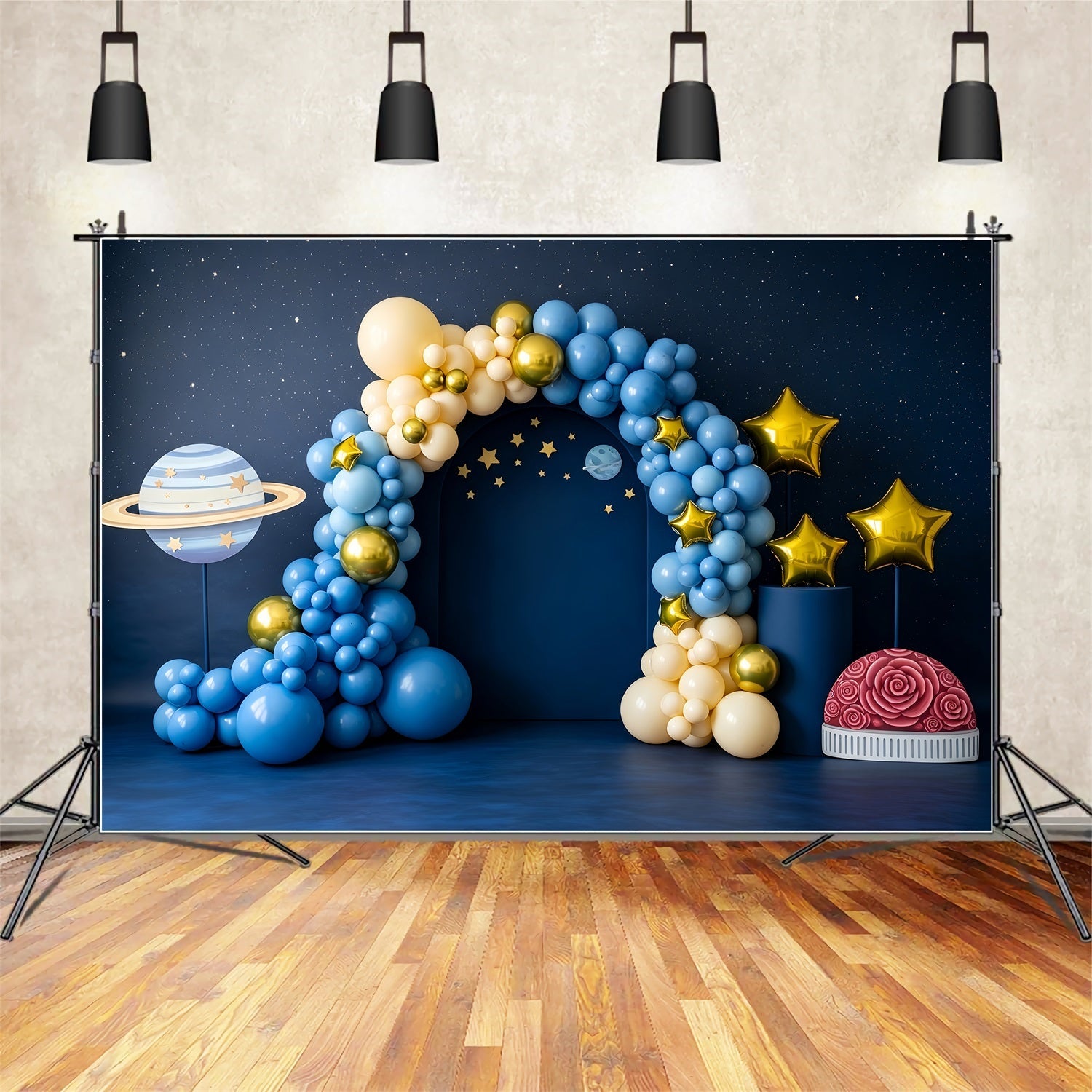 Toile de fond en tissu pour enfant avec planète étoilée et arche de ballons CEM65-214