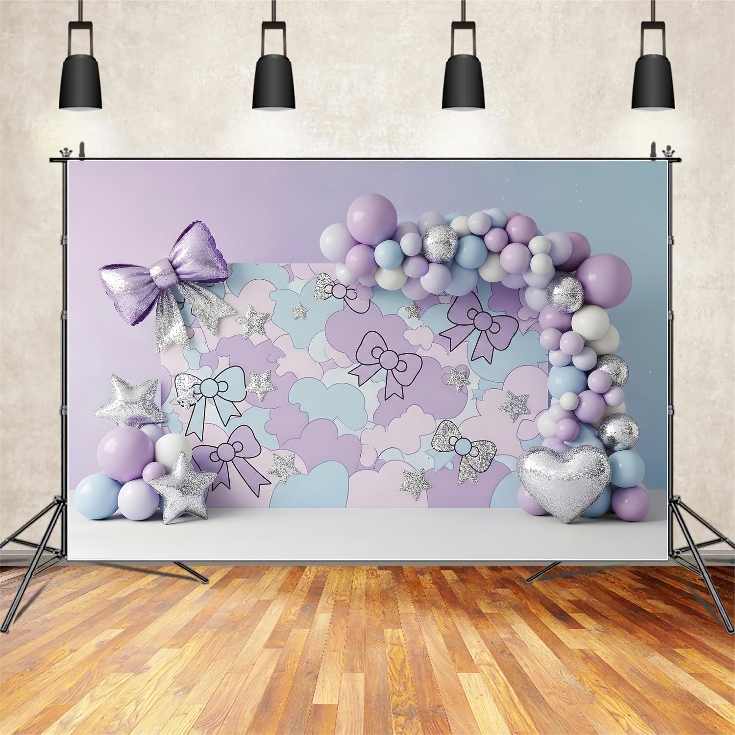 Toile de fond photo pour nouveau-né avec nœud pastel nuages et étoiles argentées CEM65-215