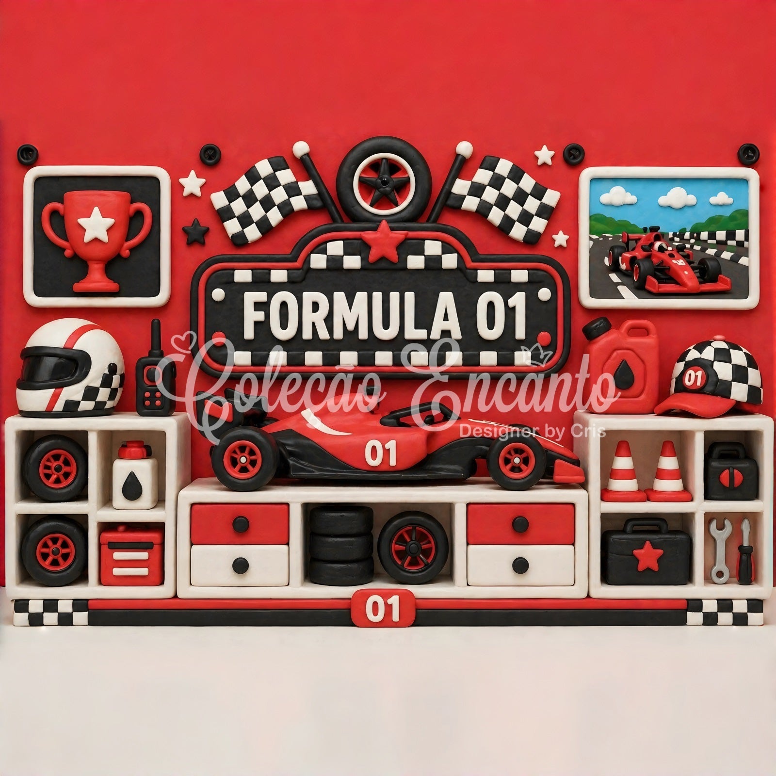 Toile de fond photo pour enfant avec formule de course rouge trophée et mur de garage CEM65-23