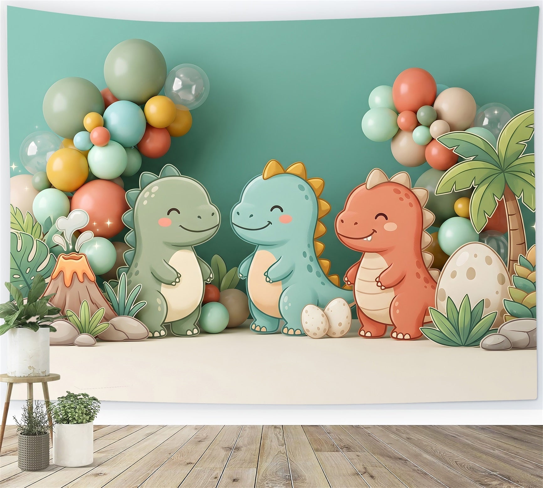 Toile de fond pour enfant avec dinosaure mignon volcan et ballons CEM65-26