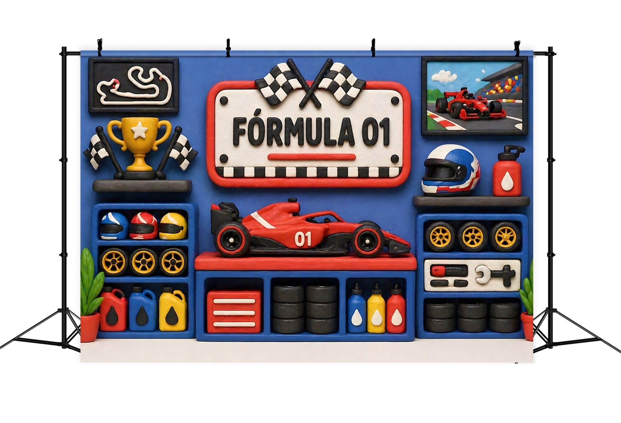Toile de fond en tissu pour enfant avec garage de course bleu et trophée CEM65-27