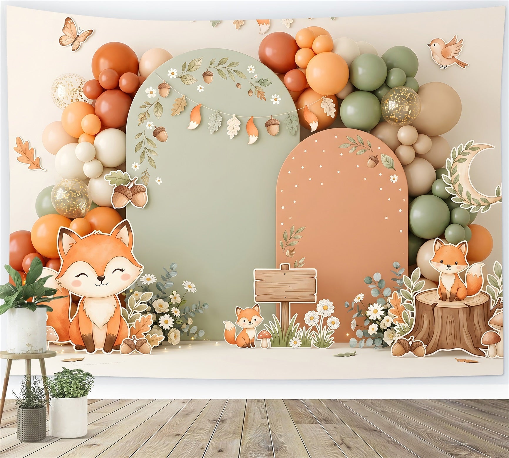 Toile de fond photo pour enfant avec renard d’automne forêt et arche de ballons CEM65-28