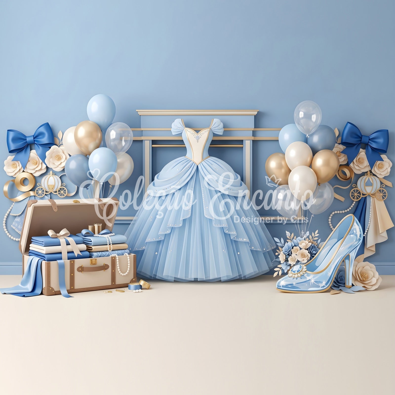 Toile de fond photo pour enfant avec robe de princesse bleue et ballons CEM65-3