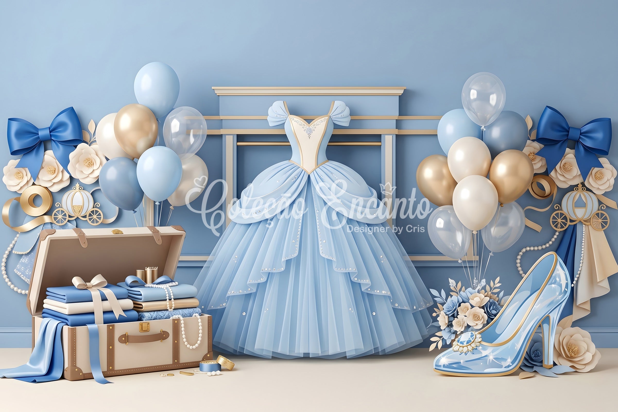 Toile de fond photo pour enfant avec robe de princesse bleue et ballons CEM65-3