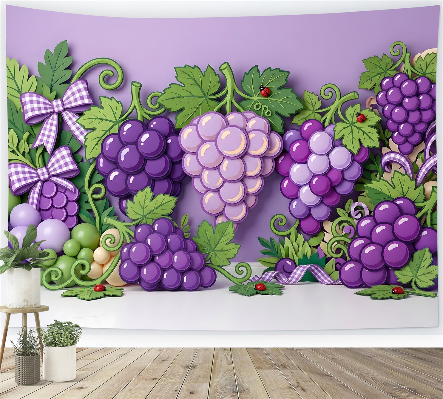 Toile de fond photo pour enfant avec raisins violets vigne et guirlande de ballons CEM65-30