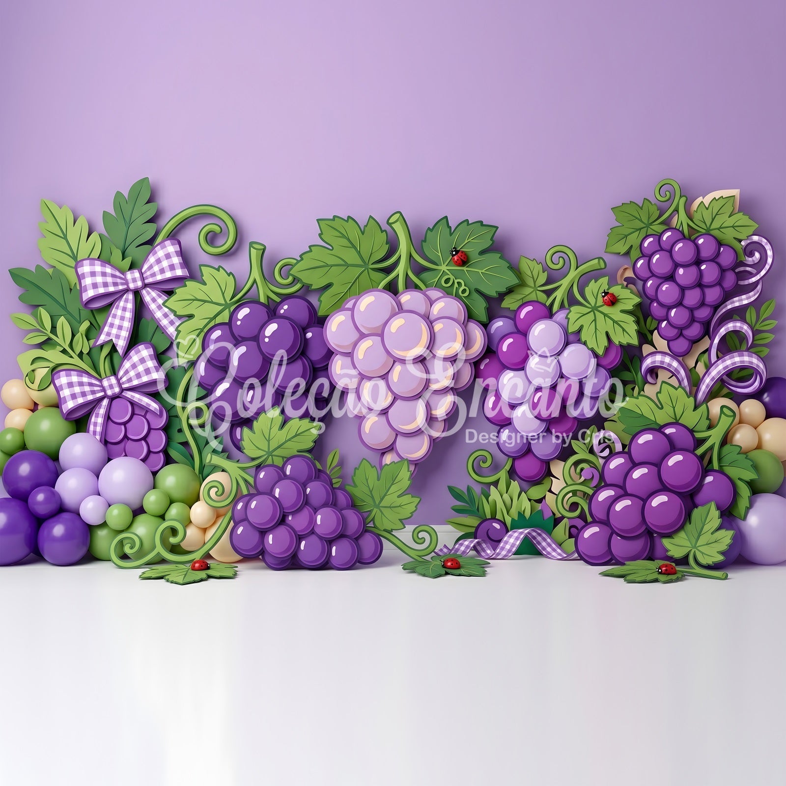 Toile de fond photo pour enfant avec raisins violets vigne et guirlande de ballons CEM65-30