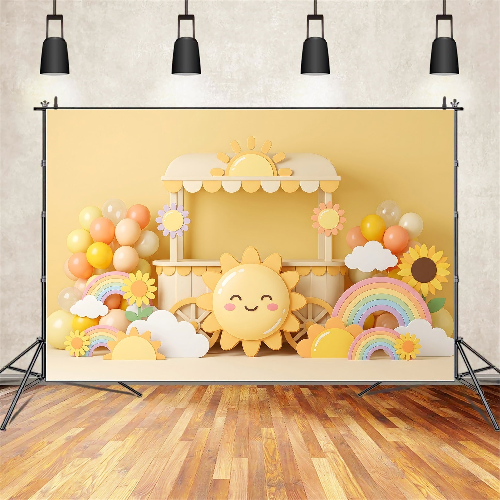 Toile de fond pour nouveau-né avec soleil arc-en-ciel ballons et chariot CEM65-31