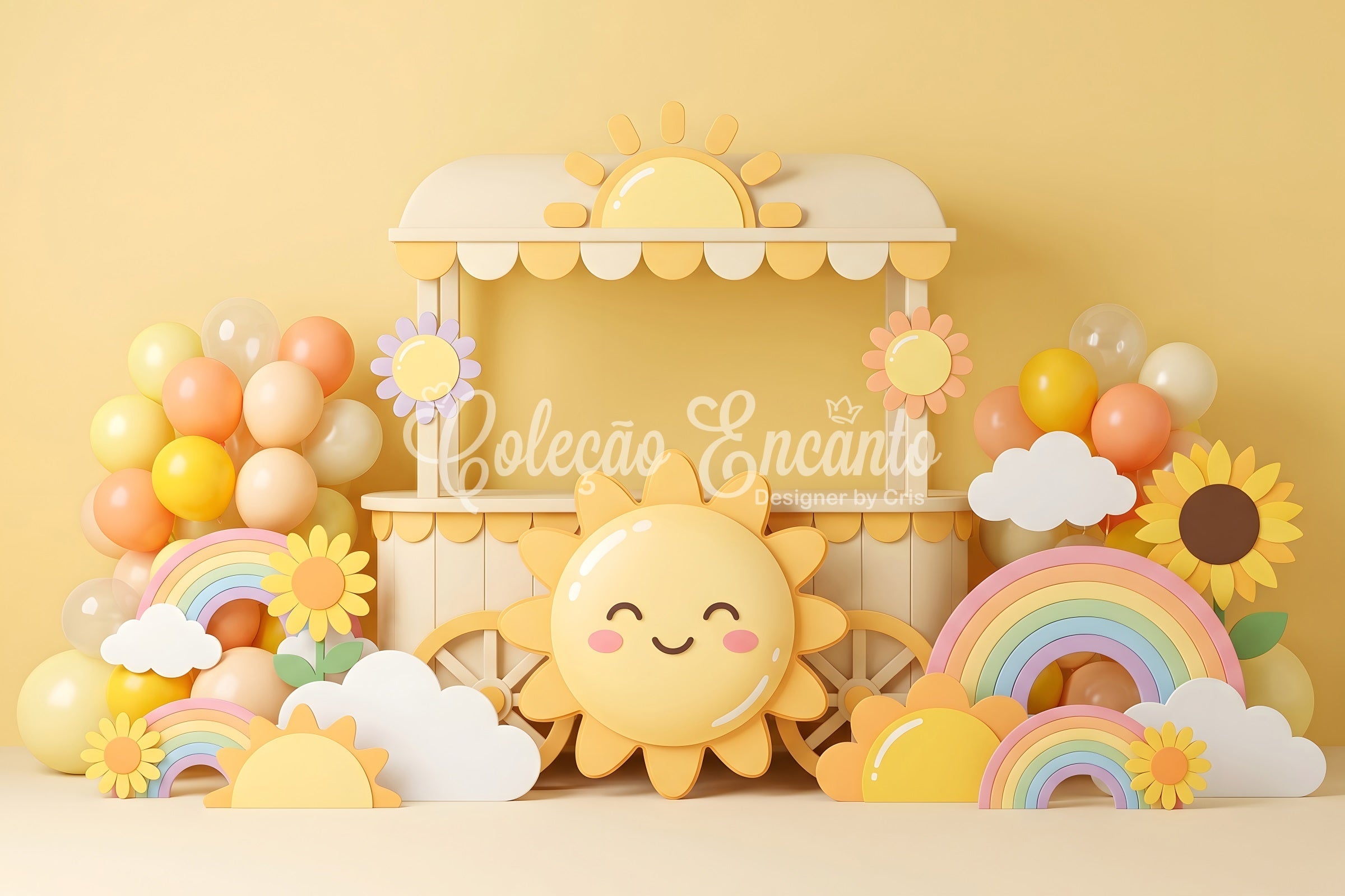 Toile de fond pour nouveau-né avec soleil arc-en-ciel ballons et chariot CEM65-31
