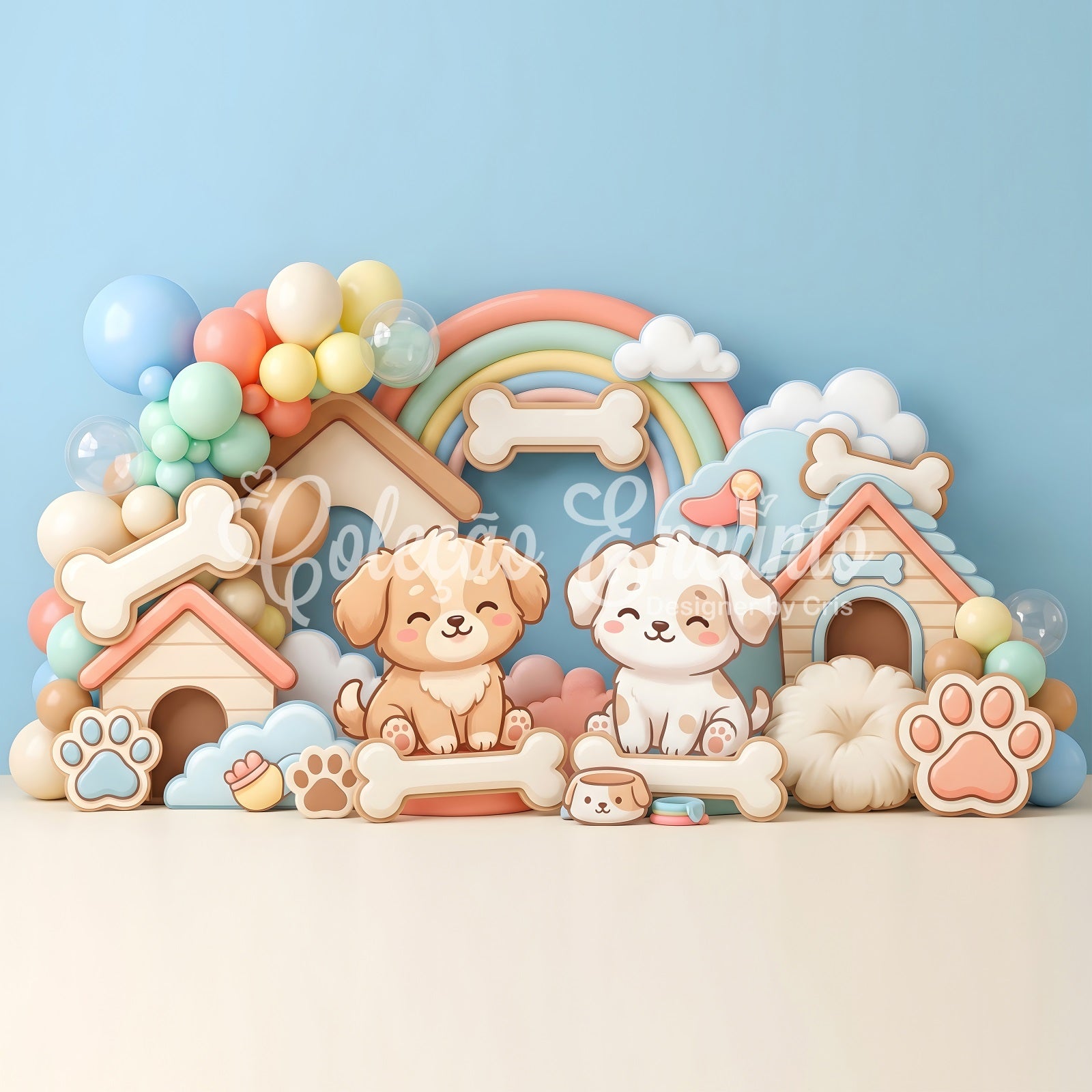 Toile de fond photo pour enfant avec chiot niche arc-en-ciel et ballons CEM65-32