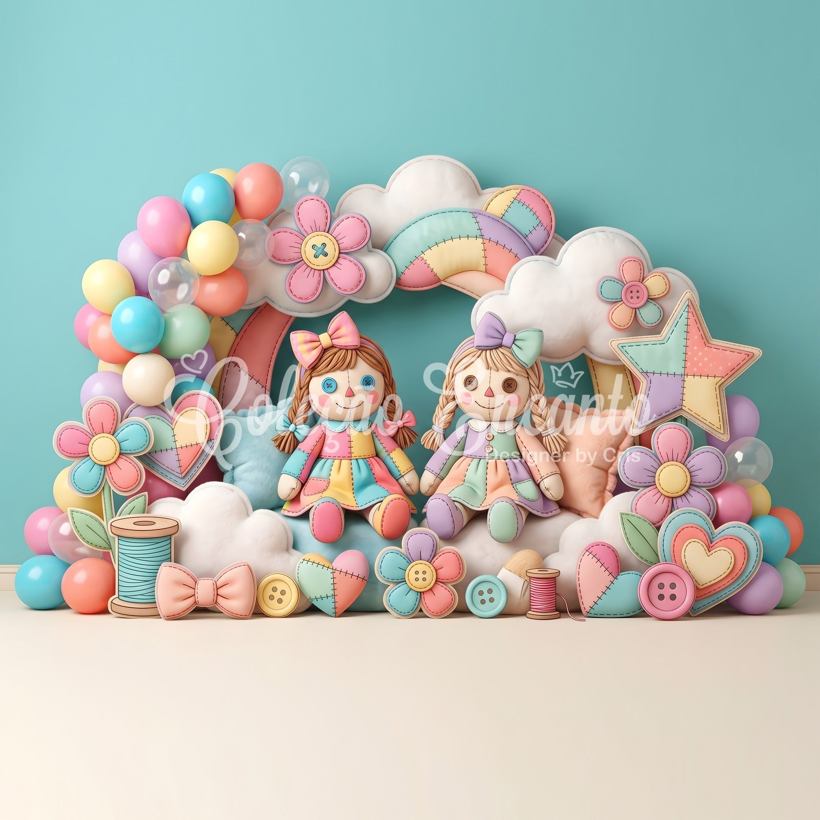 Toile de fond pour bébé et enfant avec poupée en tissu assemblé arc-en-ciel et ballons CEM65-33