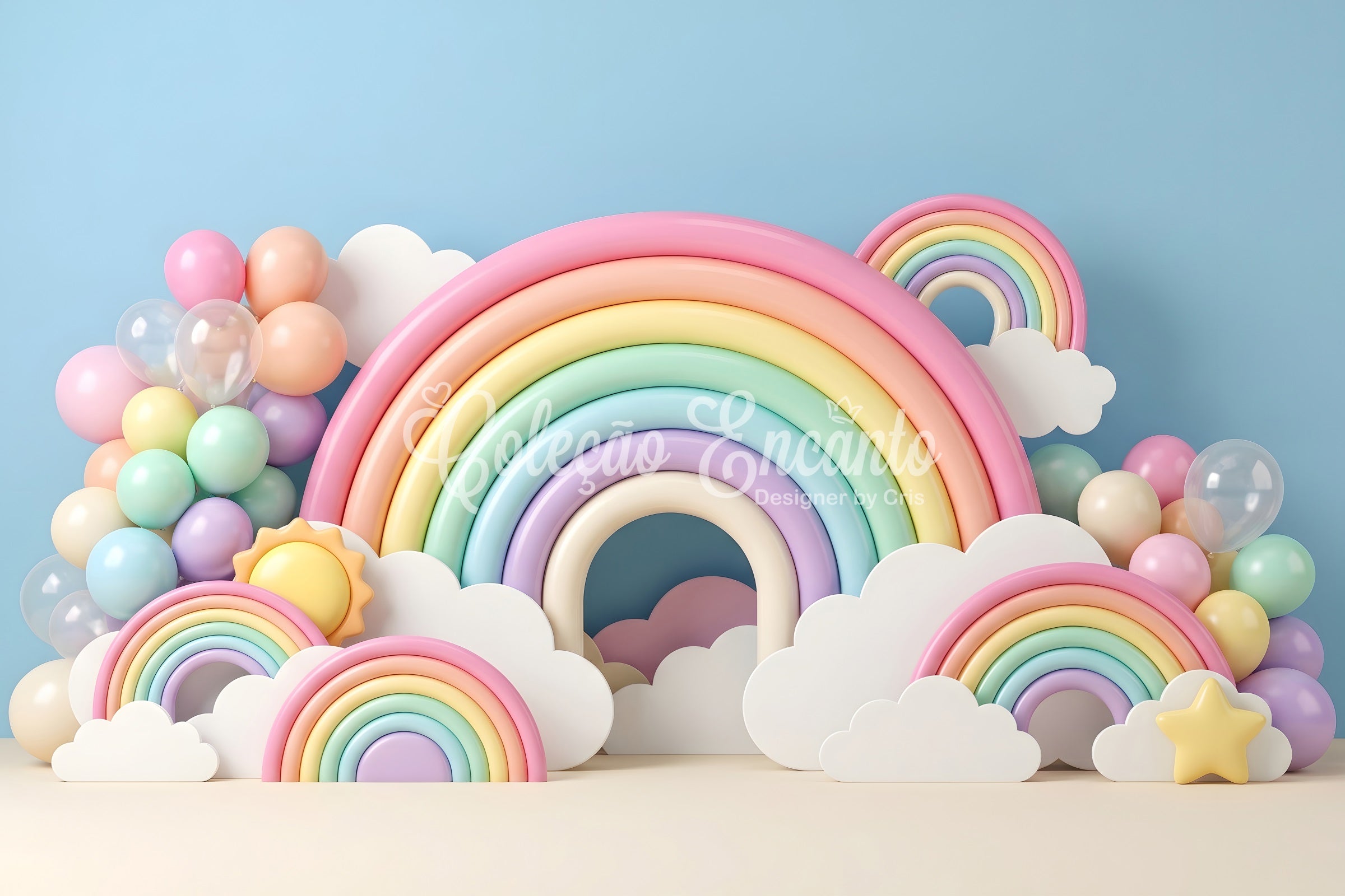 Toile de fond photo pour enfant et nouveau-né avec arc-en-ciel pastel nuages et arche de ballons CEM65-34