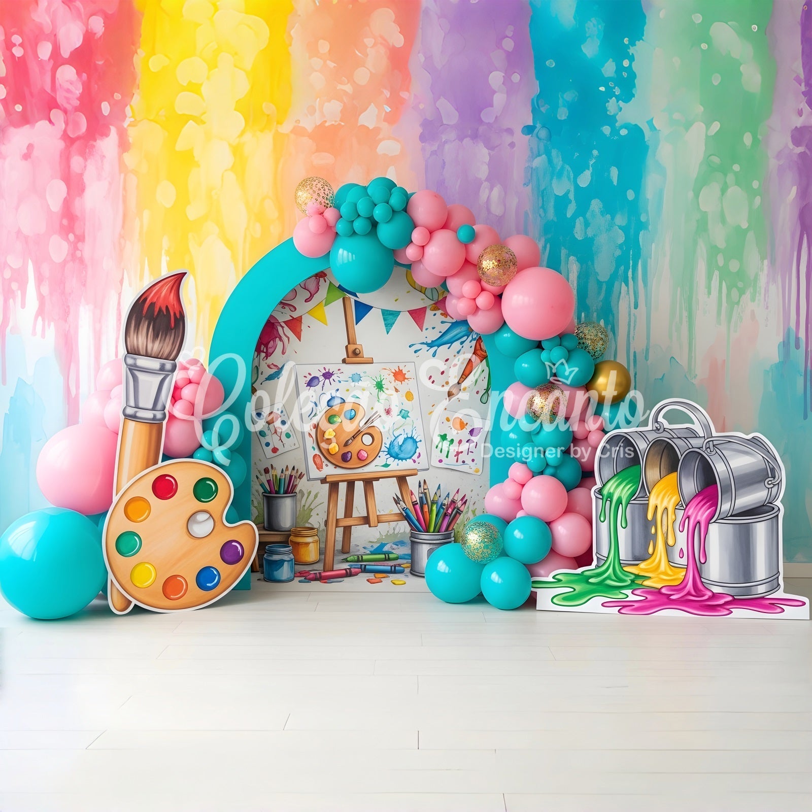 Toile de fond photo pour enfant avec artiste éclaboussures de peinture et arche de ballons CEM65-37