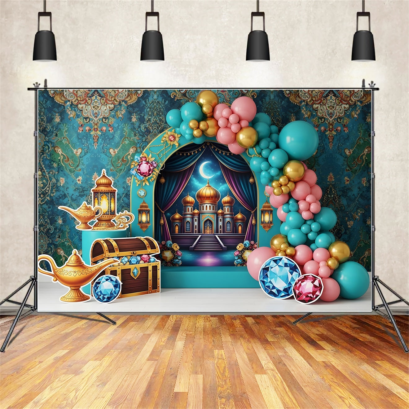 Toile de fond pour enfant avec palais arabe trésor et arche de ballons CEM65-38