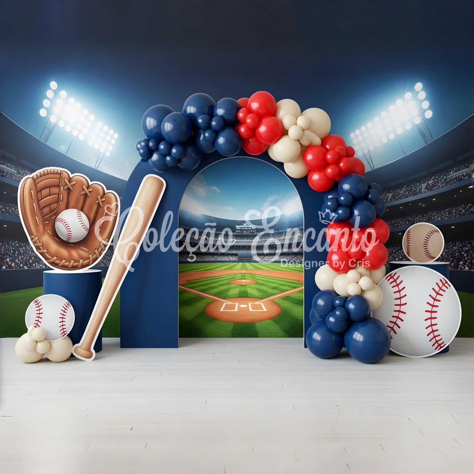 Toile de fond photo pour enfant avec stade de baseball et arche de ballons sportifs CEM65-39