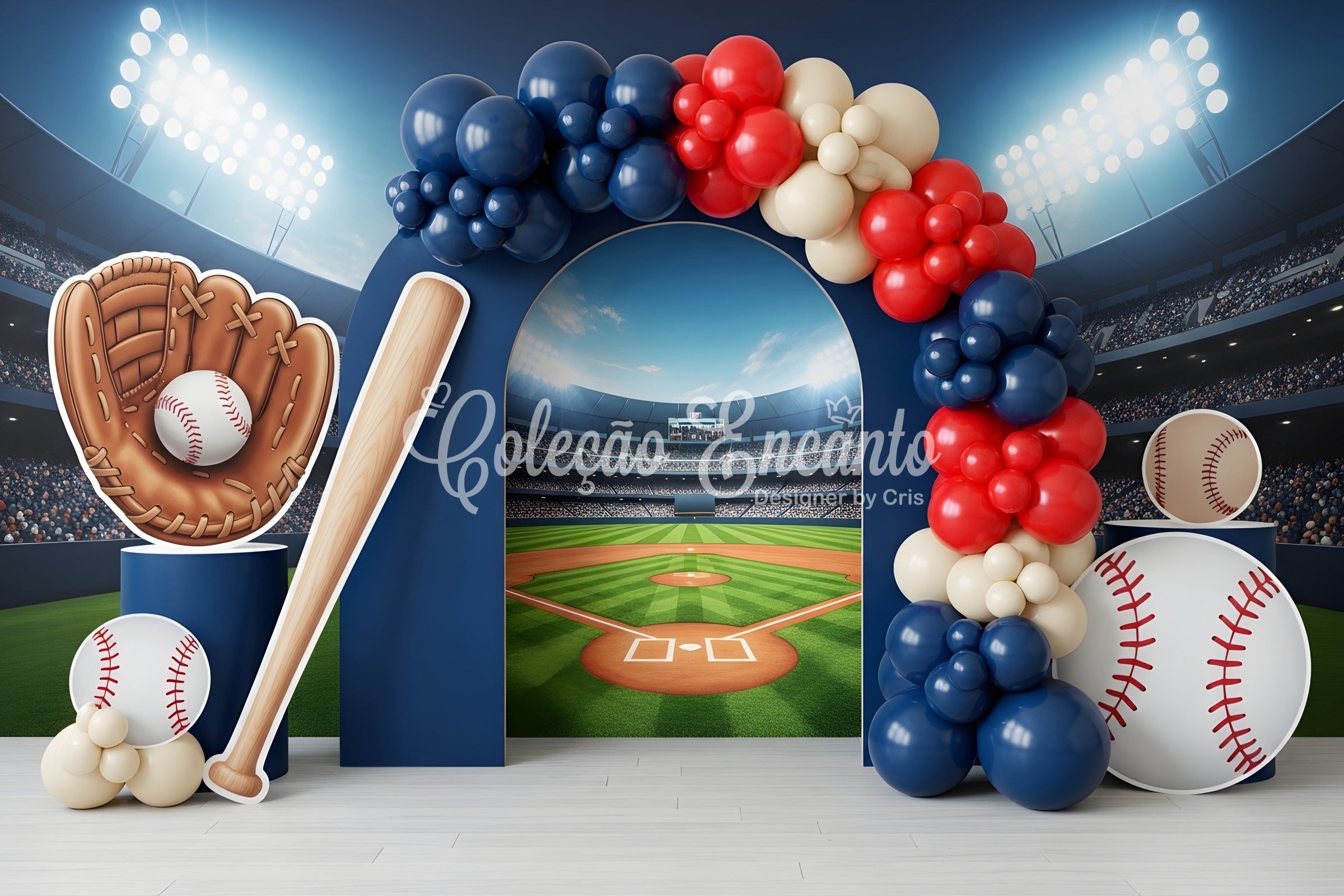 Toile de fond photo pour enfant avec stade de baseball et arche de ballons sportifs CEM65-39