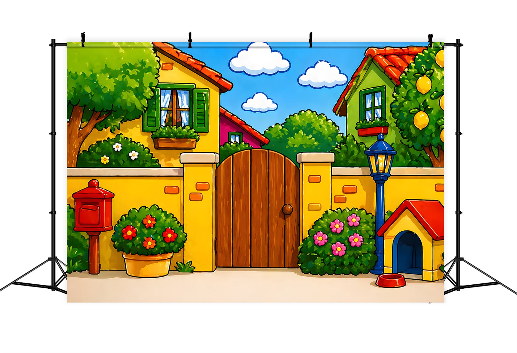 Toile de fond pour nouveau-né avec jardin ensoleillé façon dessin animé et animaux familiers CEM65-4