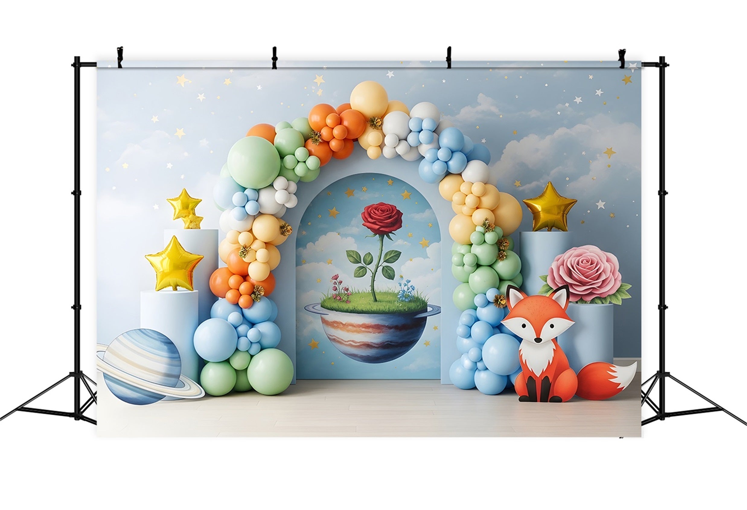 Toile de fond pour nouveau-né avec planète fantastique renard et arche de roses CEM65-40