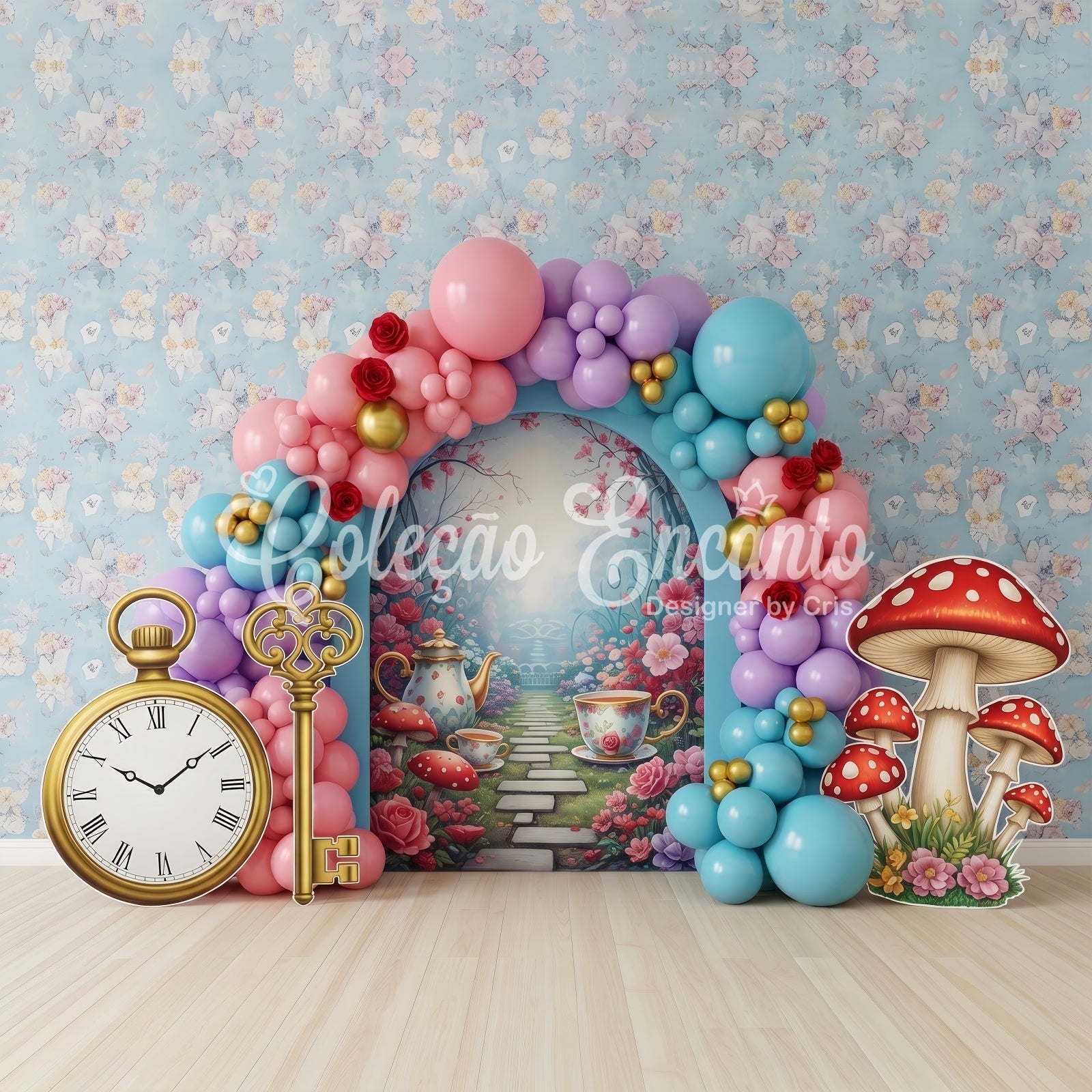 Toile de fond photo pour enfant avec jardin du pays des merveilles thé et arche de ballons CEM65-42