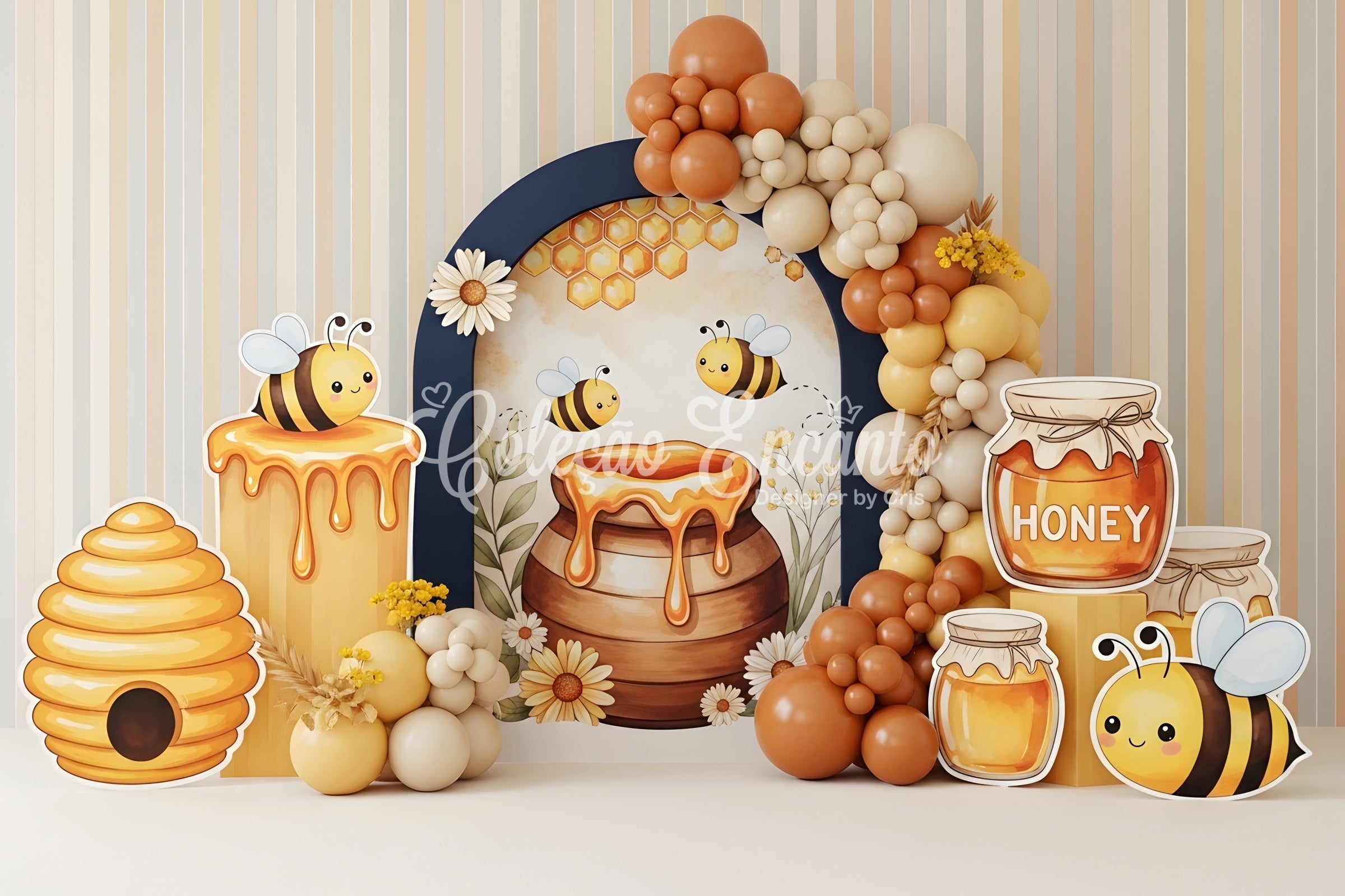 Toile de fond pour enfant avec abeille ruche et arche de ballons CEM65-43