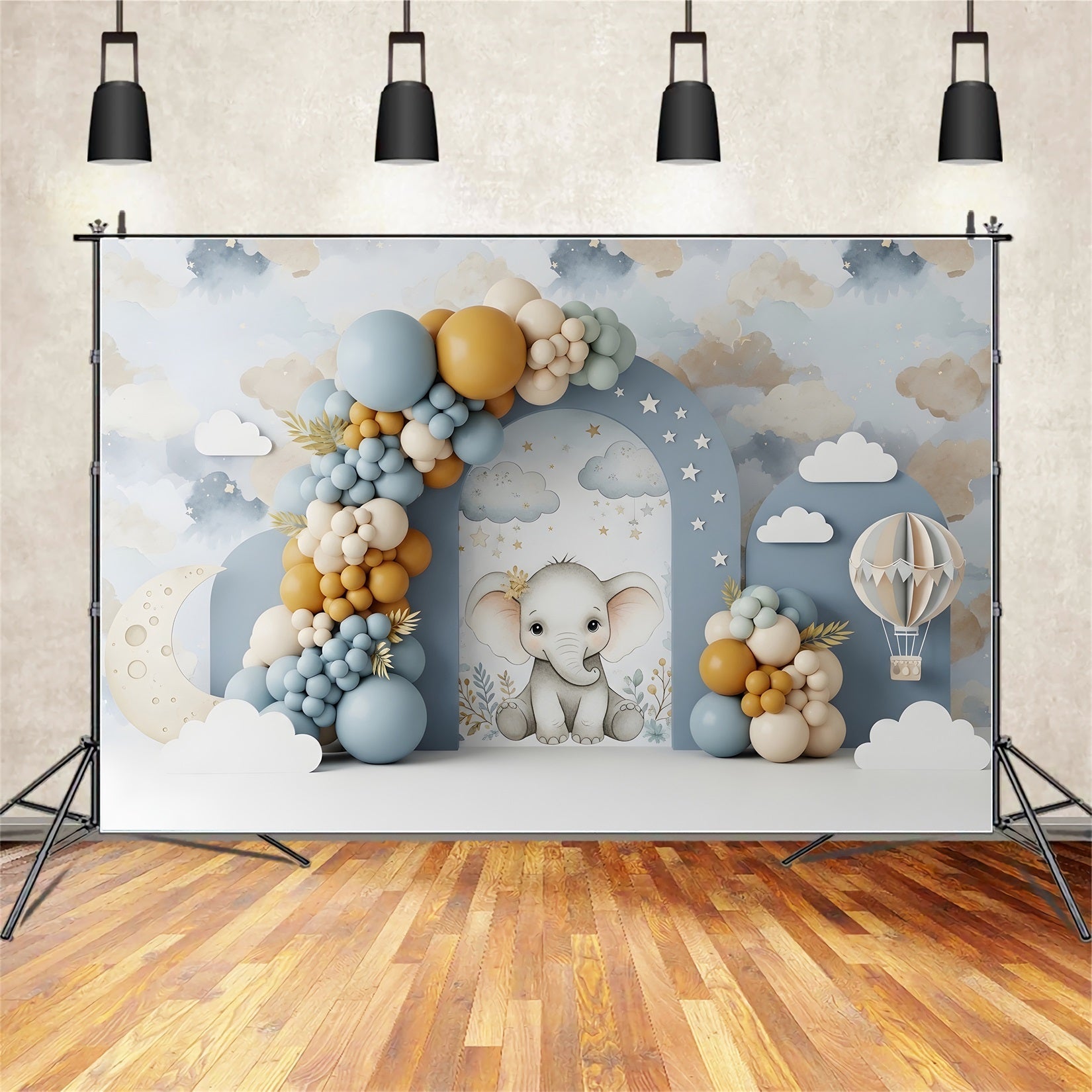 Toile de fond photo pour nouveau-né avec éléphant lune nuages et arche de ballons CEM65-45