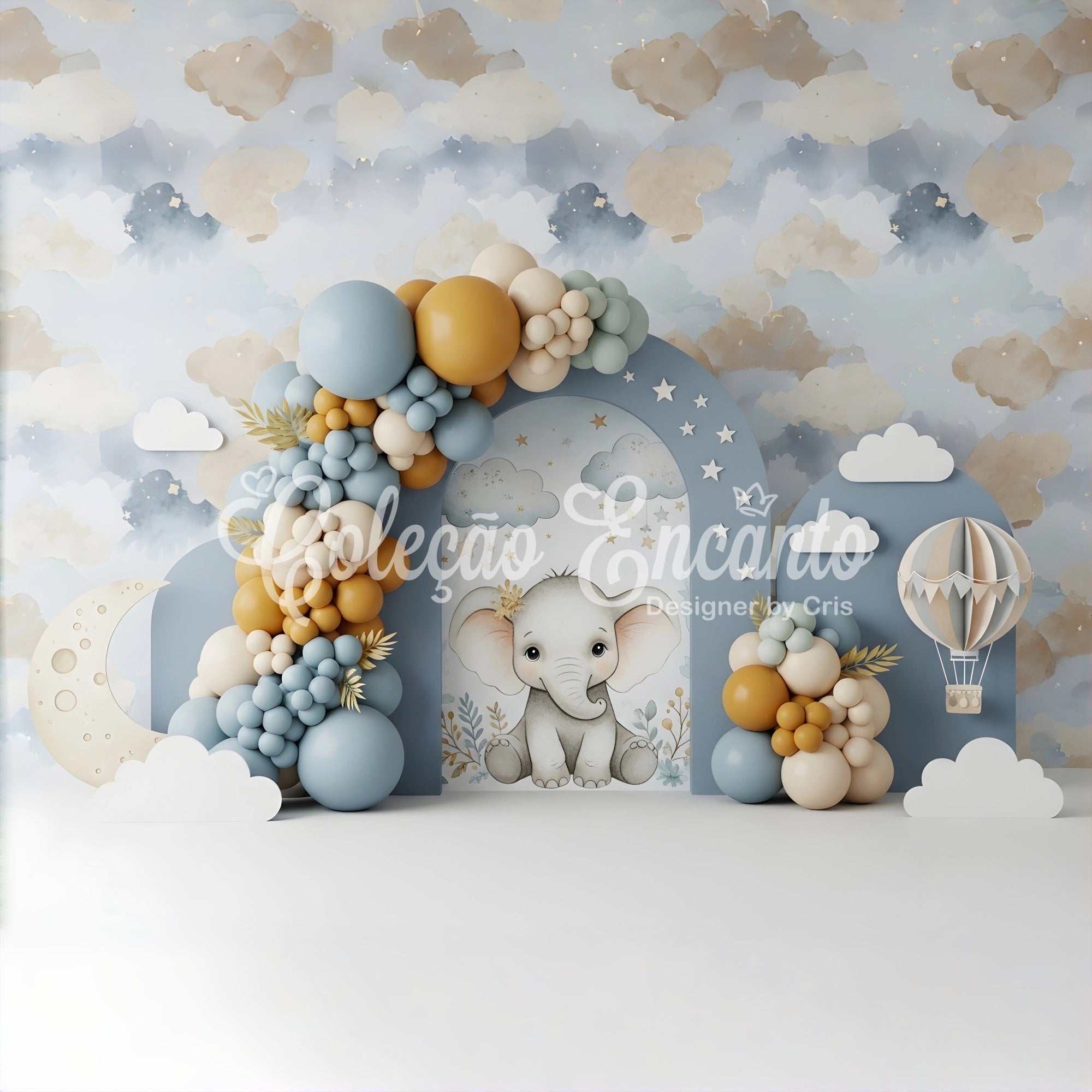 Toile de fond photo pour nouveau-né avec éléphant lune nuages et arche de ballons CEM65-45