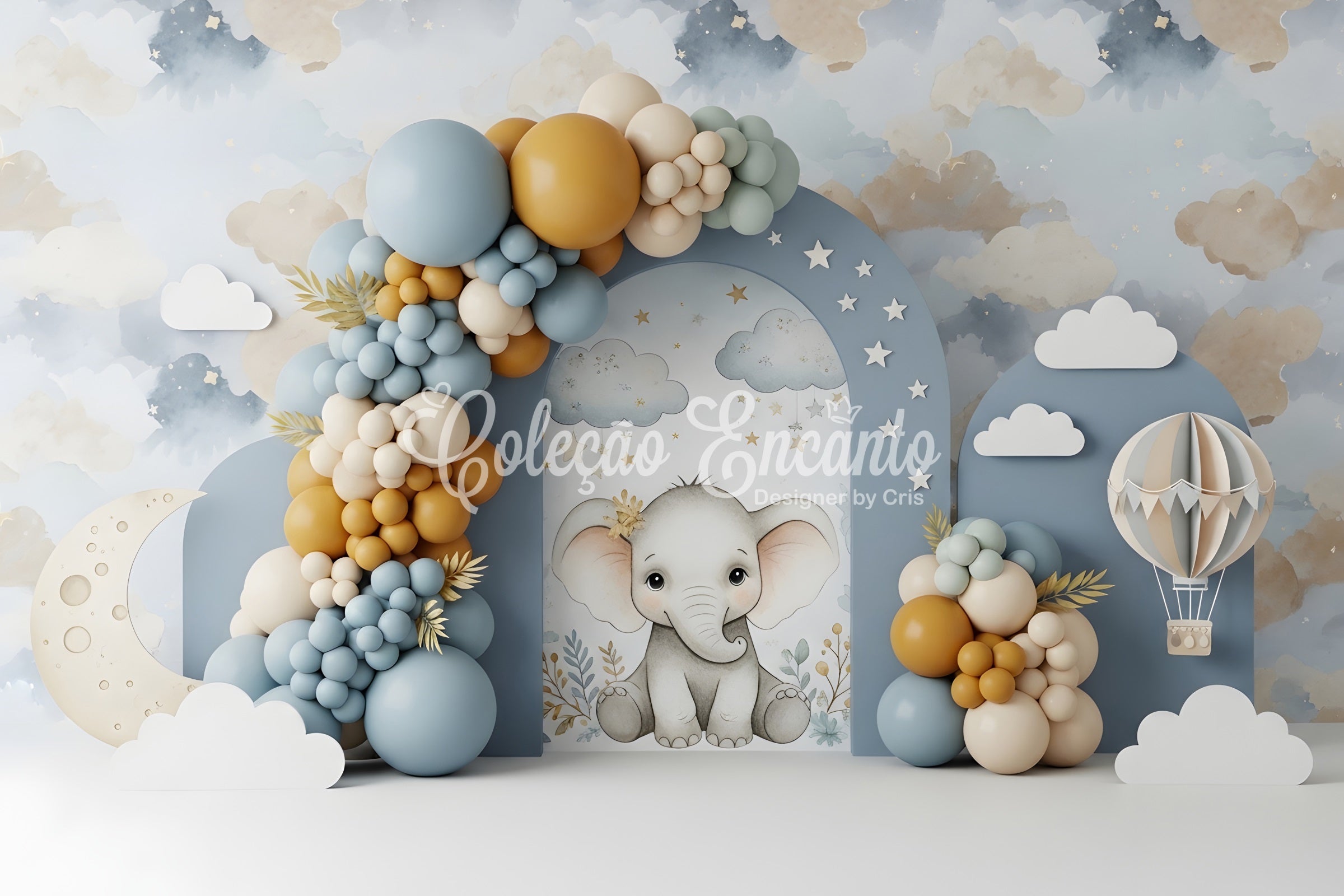 Toile de fond photo pour nouveau-né avec éléphant lune nuages et arche de ballons CEM65-45